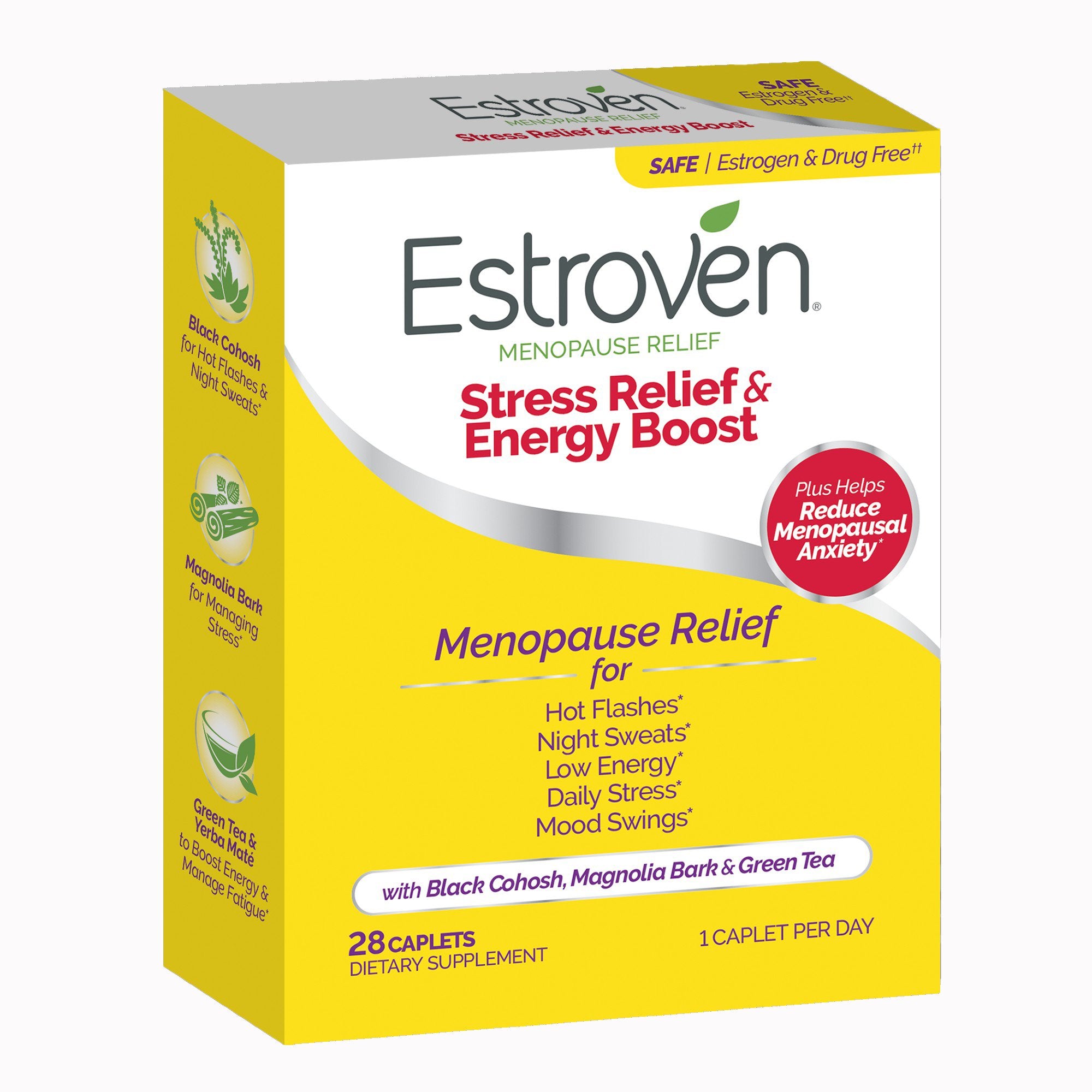 Dietary Supplement Estroven® Stress Relief & Energy Boost Calcium / Black Cohosh Root Extract / Soy Isoflavones 90 mg - 80 mg - 60 mg Strength Caplet 28 per Box