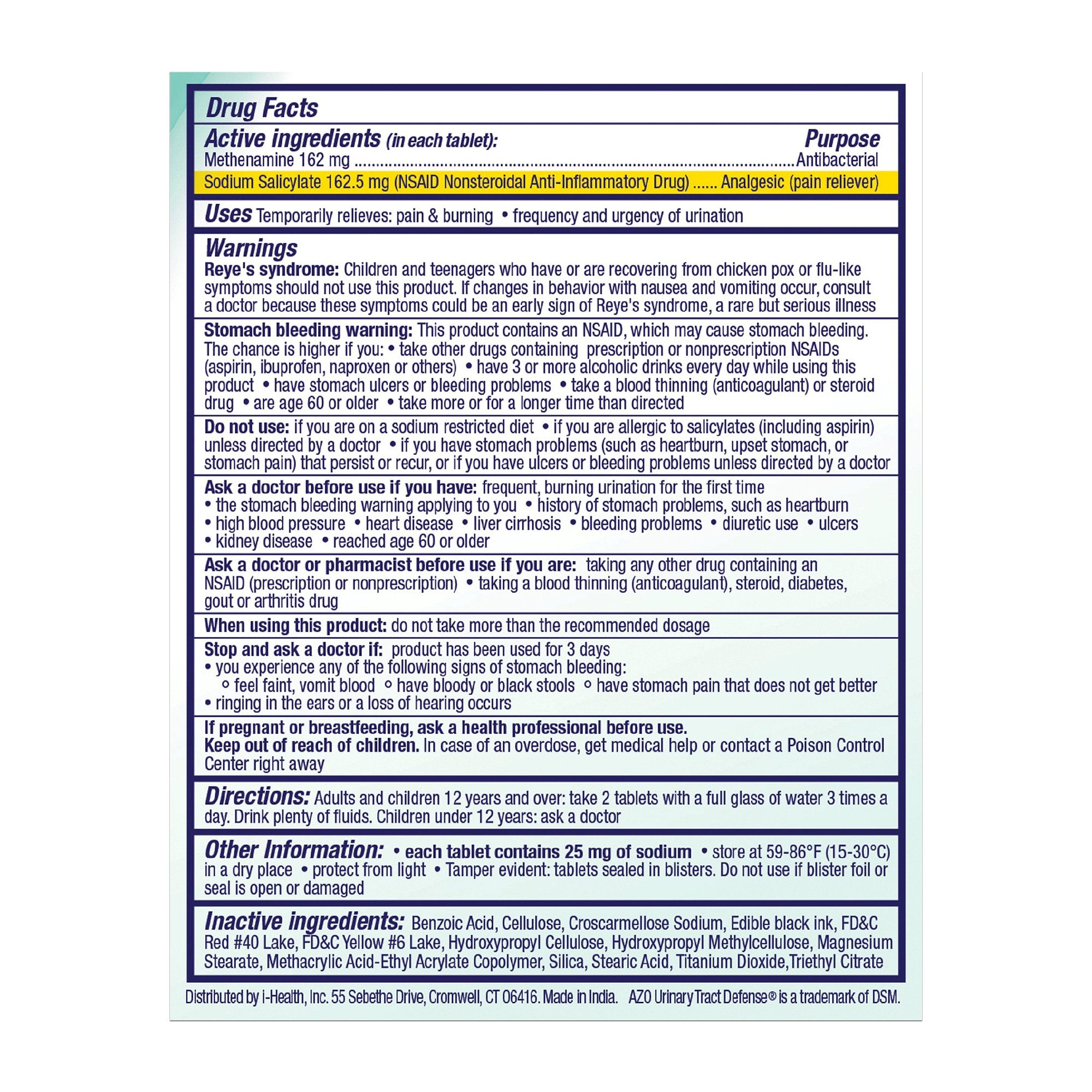 Urinary Pain Relief AZO® Urinary Tract Defense 162 mg - 162.5 mg Strength Methenamine / Sodium Salicylate Tablet 24 per Box - image 2