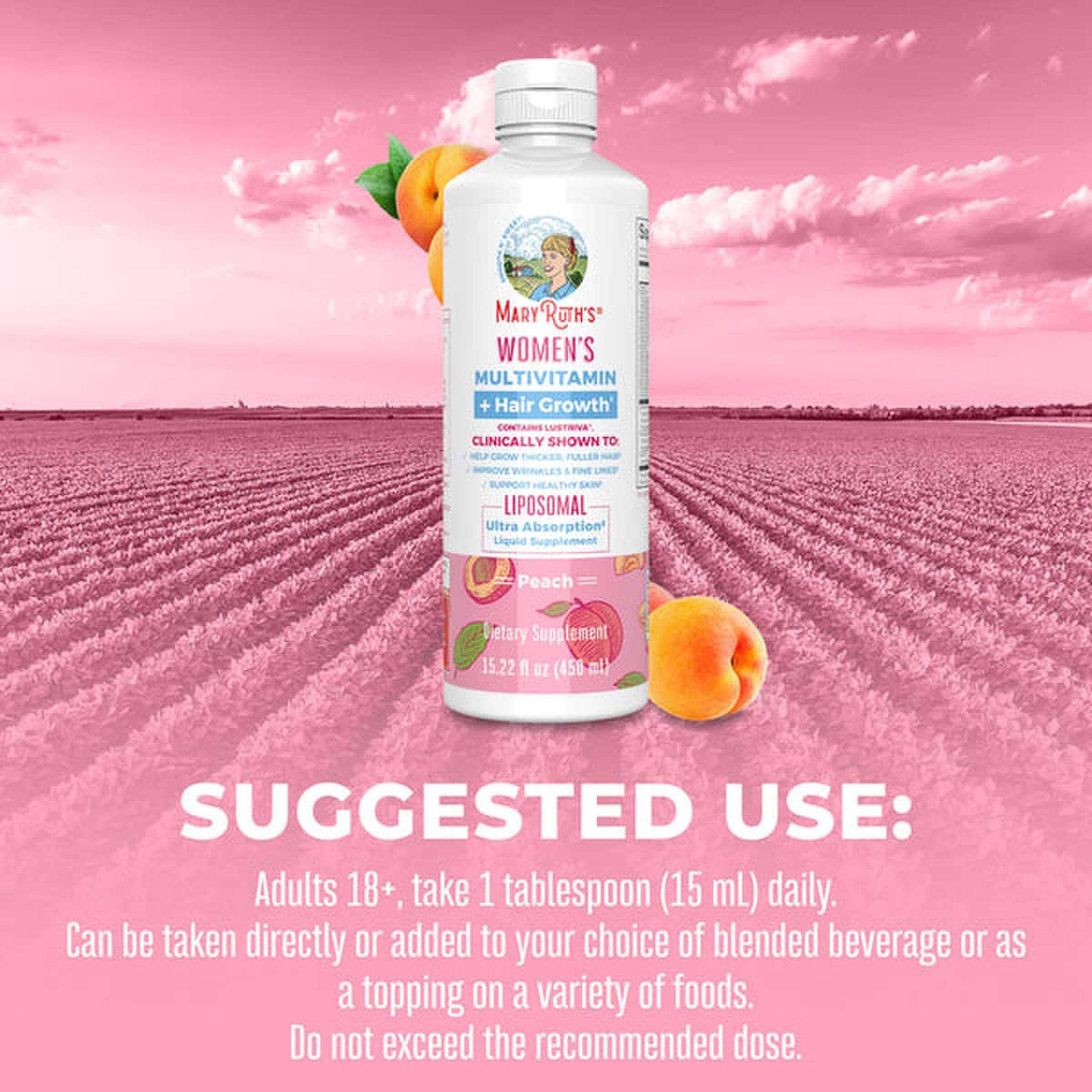Multivitamin Supplement Mary Ruth's® Women's Multivitamin + Hair Growth Liposomal Vitamin A / D / E / Biotin 500 mcg - 25 mcg - 7 mg - 10,000 mcg Strength Liquid 15.22 oz. Peach Flavor - image 3