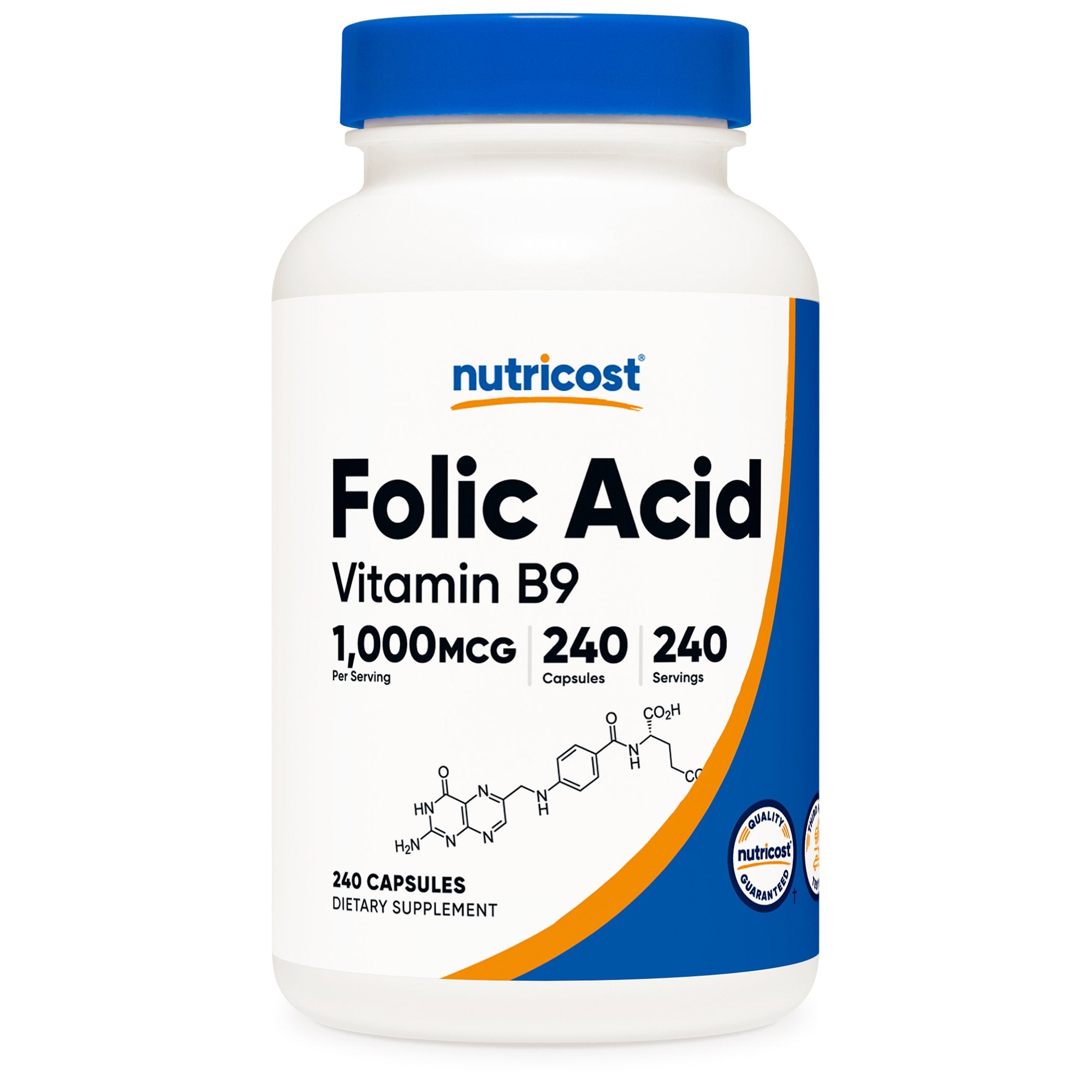 Dietary Supplement nutricost® Folic Acid (Vitamin B9) Folate 1,000 mcg Strength Capsule 240 Per Bottle