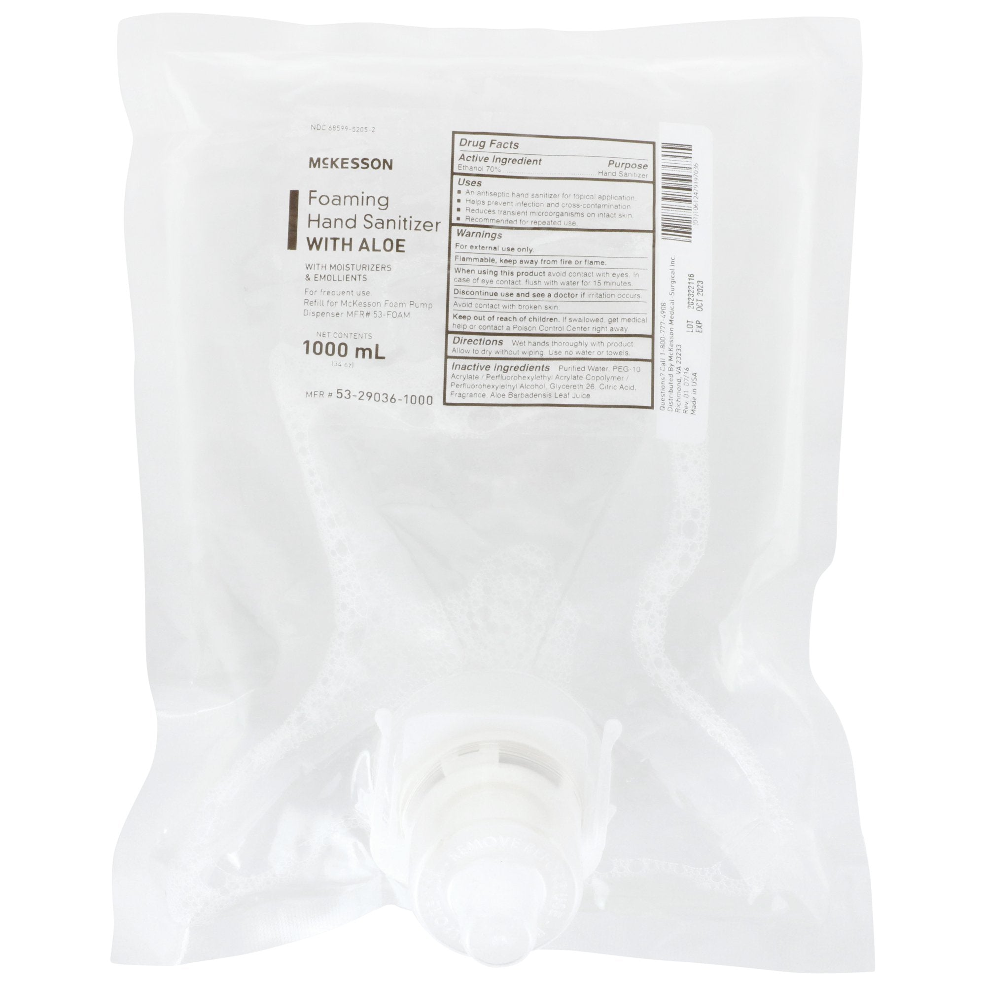 Hand Sanitizer with Aloe McKesson 1,000 mL Ethyl Alcohol Foaming Dispenser Refill Bag