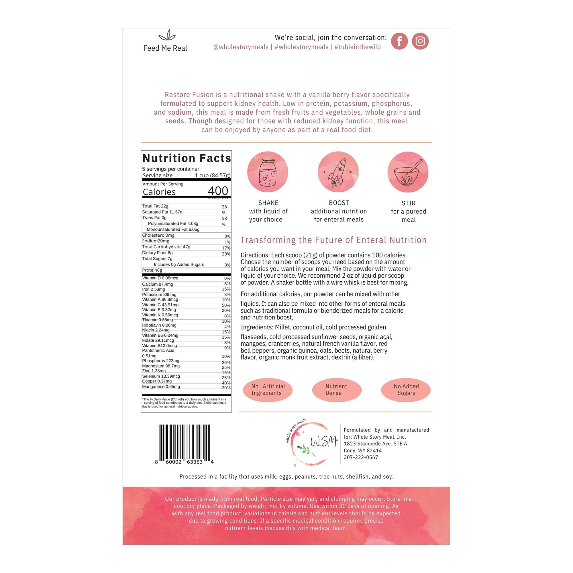 Oral Supplement Restore Fusion Renal Support Vanilla Berry Flavor Powder 16 oz. Pouch - image 2