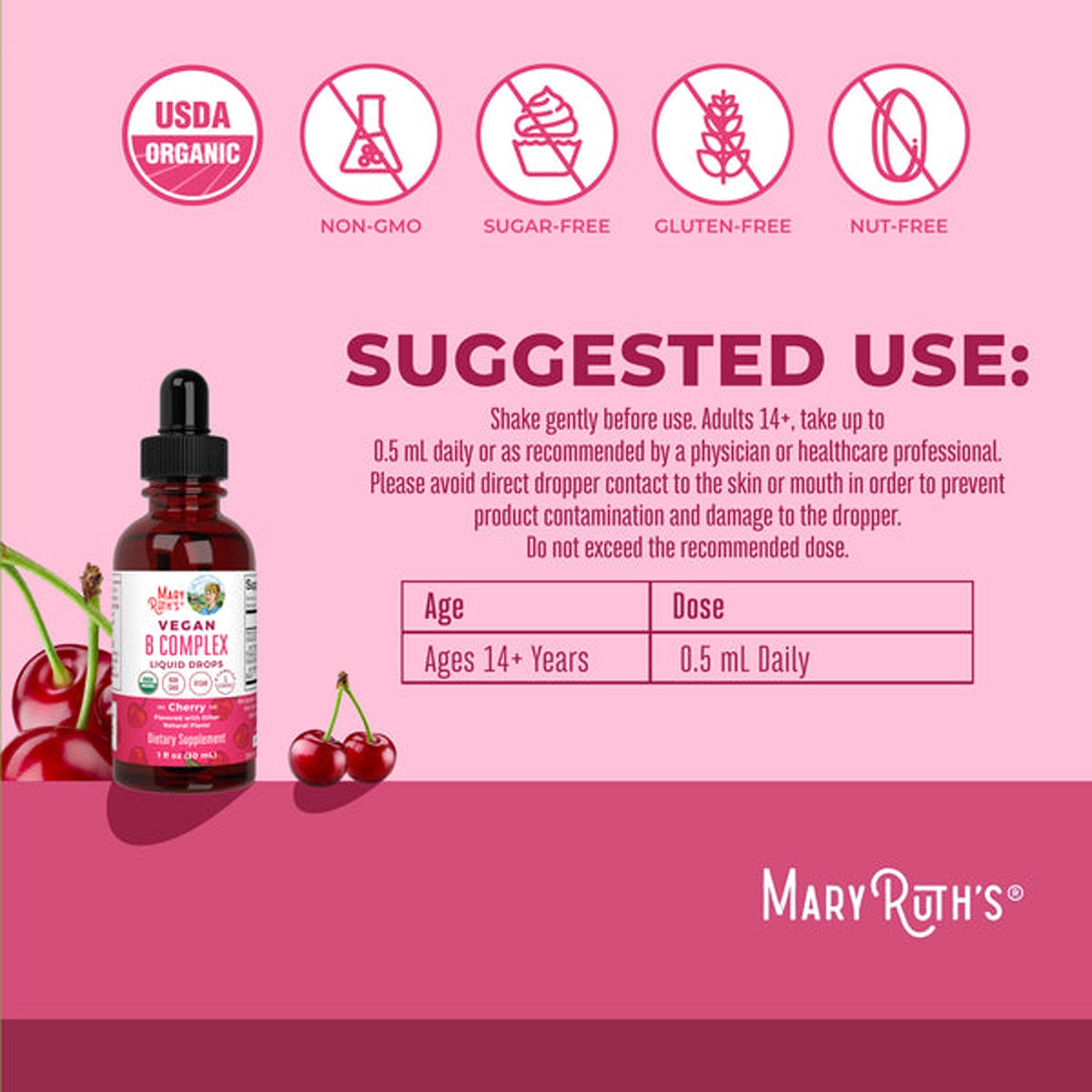 Dietary Supplement Mary Ruth's® Vegan B-Complex Niacin / Vitamin B6 / Folate / B12 / Biotin 2 mg - 2 mg - 400 mcg - 1,500 mcg - 2,500 mcg Strength Drop 1 oz. Cherry Flavor - image 3