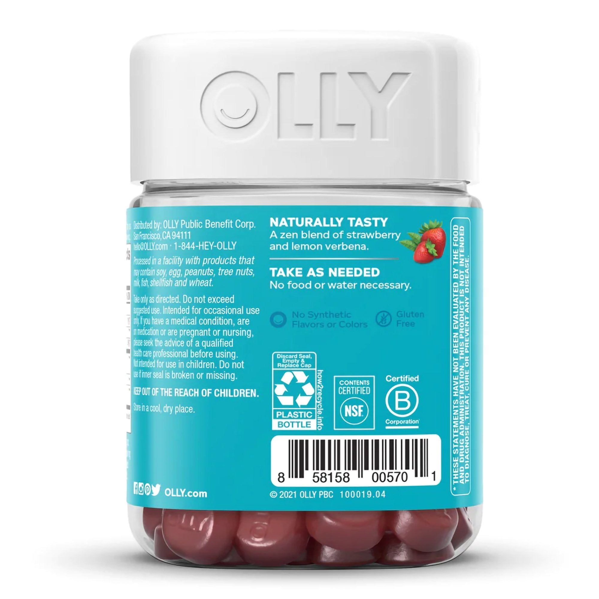 Dietary Supplement OLLY® Goodbye Stress® GABA / L-Theanine / Lemon Balm Extract 100 mg - 50 mg - 75 mg Strength Gummy 42 per Bottle Berry Verbena Flavor - image 3