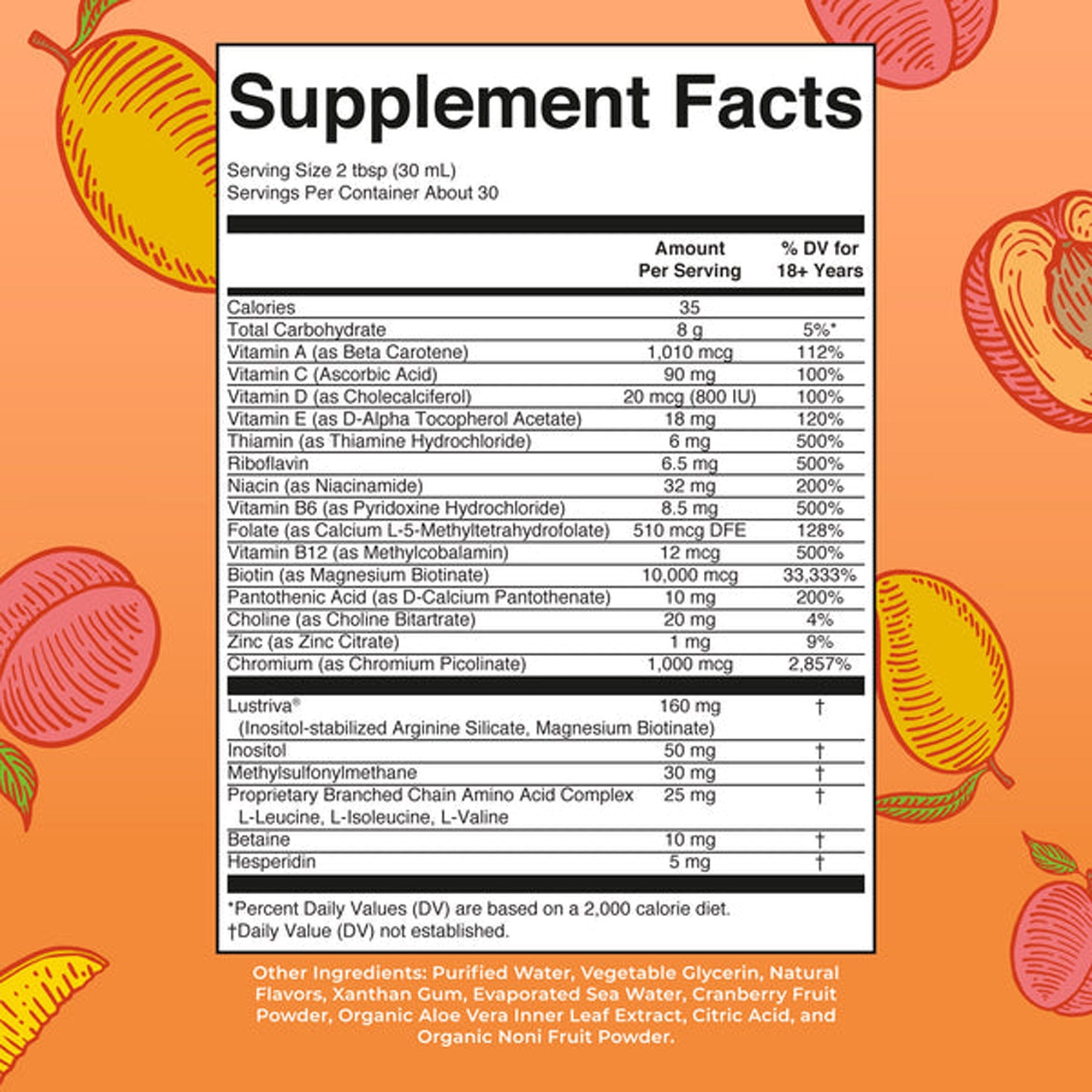 Multivitamin Supplement Mary Ruth's® Liquid Morning Multivitamin + Hair Growth Vitamin A / C / D / E 1,010 mcg - 90 mg - 20 mcg - 18 mg Strength Liquid 30 oz. Peach Mango Flavor - image 2