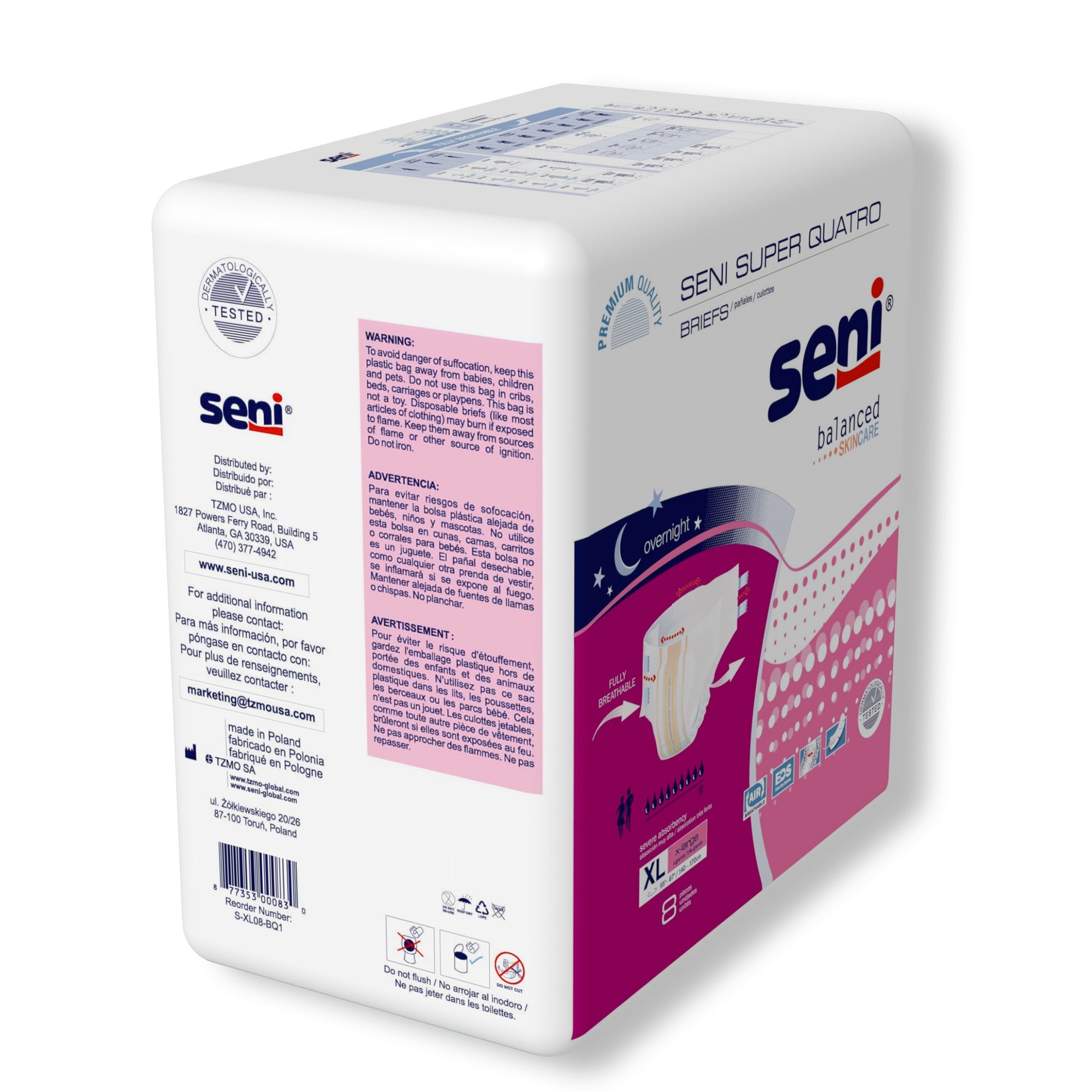Seni Super Quatro XL Incontinence Briefs, Heavy Absorbency (8 Pack)