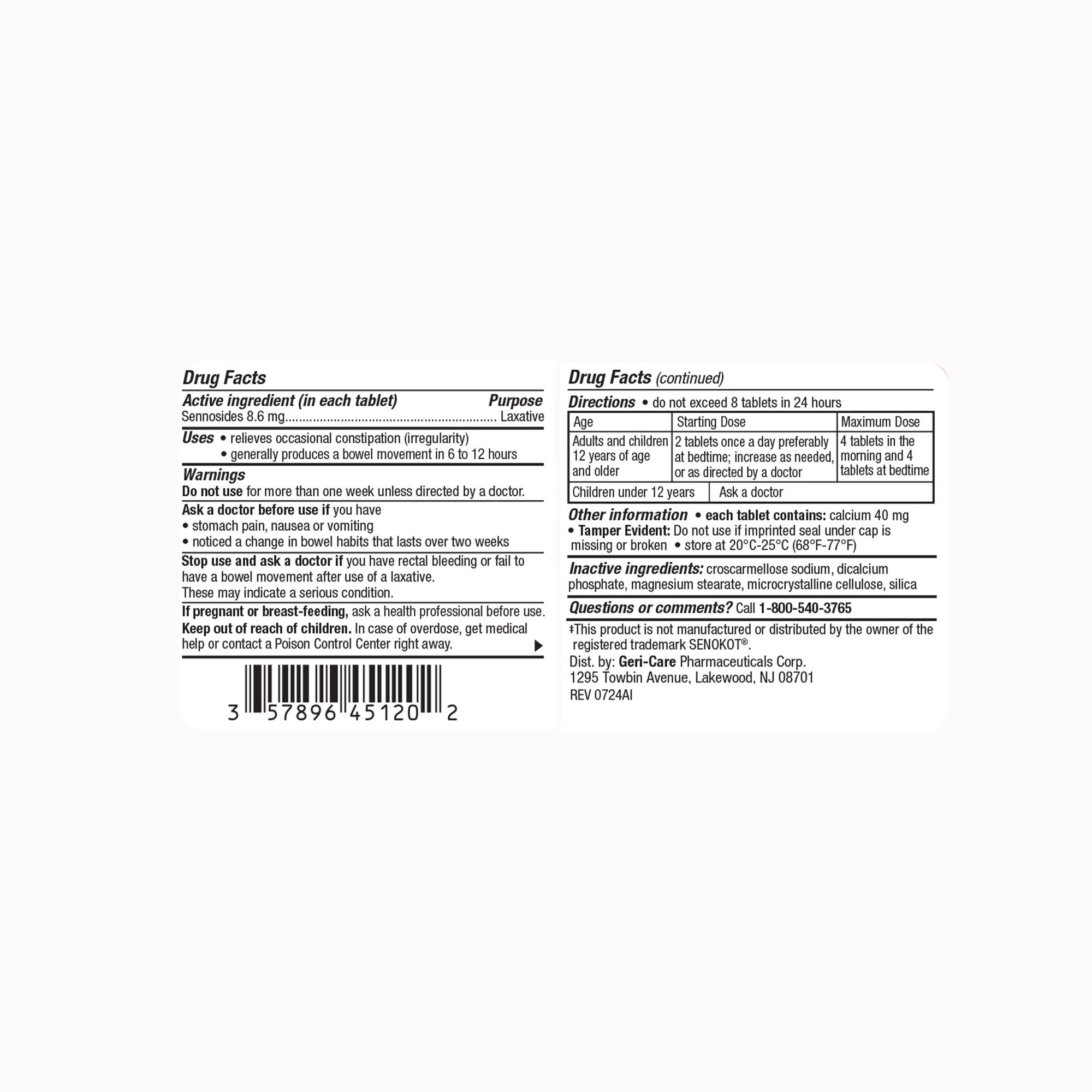 Laxative Geri-Care® Geri-Kot Tablet 200 per Bottle 8.6 mg Strength Sennosides - image 2