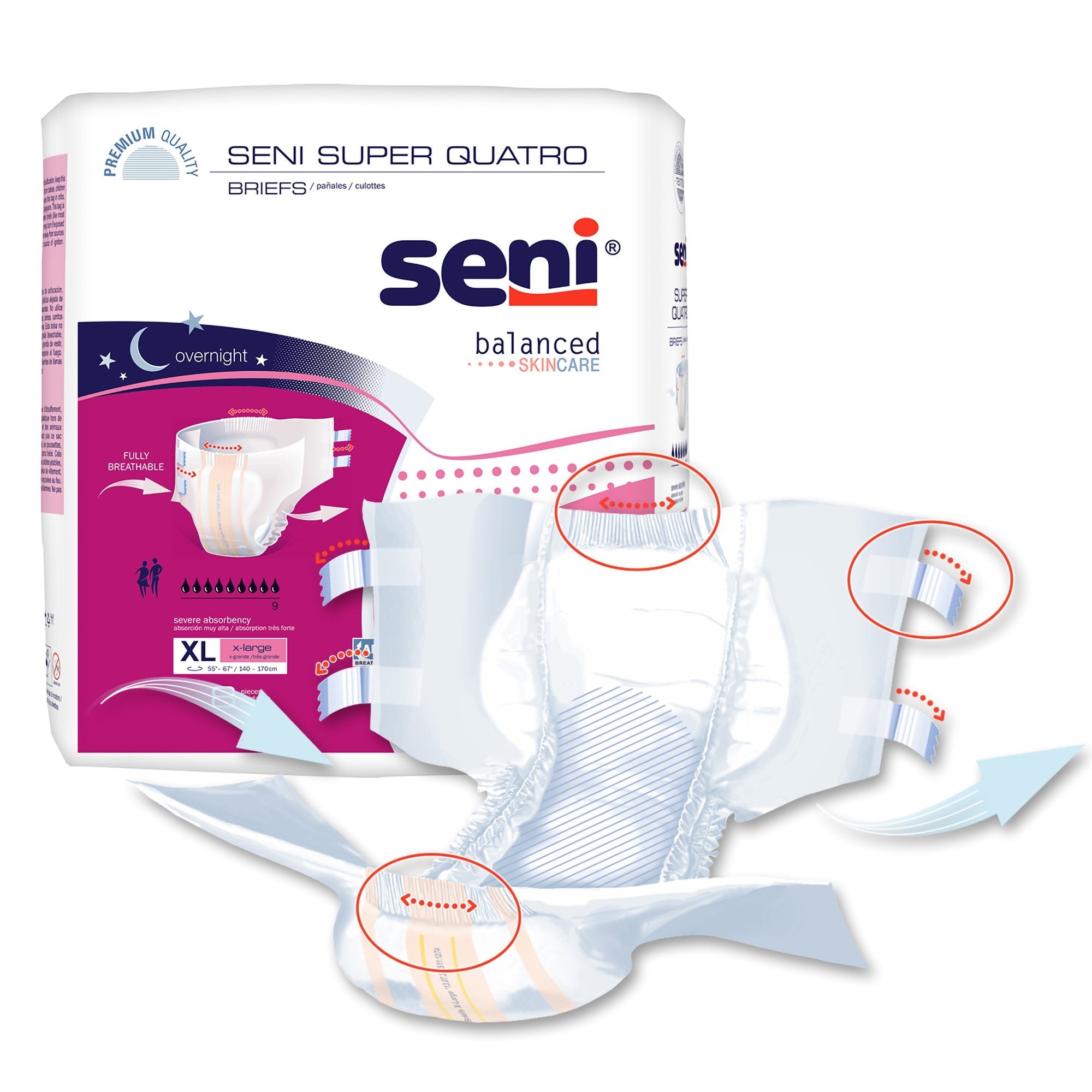 Seni Super Quatro XL Incontinence Briefs, Heavy Absorbency (8 Pack)