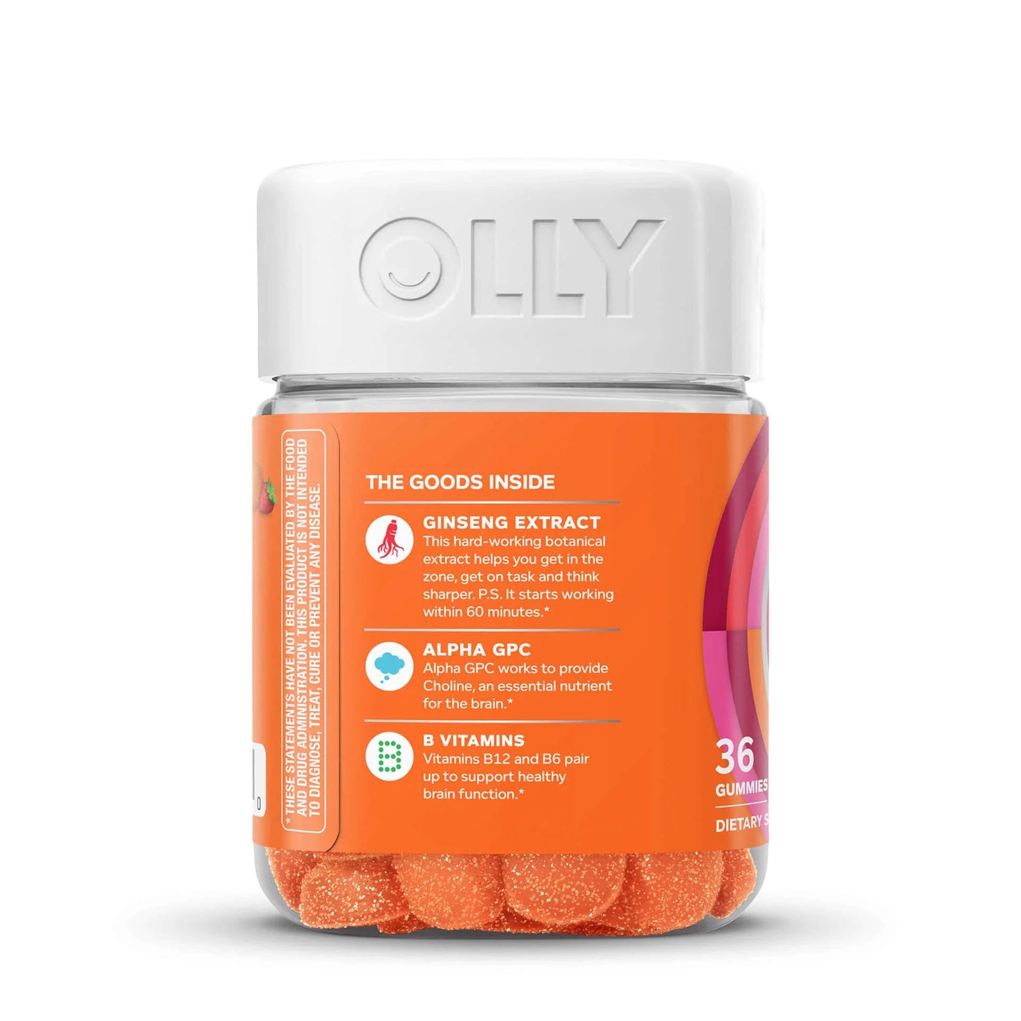 Dietary Supplement OLLY® Laser Focus B6 / B12 / Ginseng / Alpha GPC 2 mg - 50 mcg - 100 mg - 20 mg Strength Gummy 36 per Bottle Berry Tang Flavor - image 3