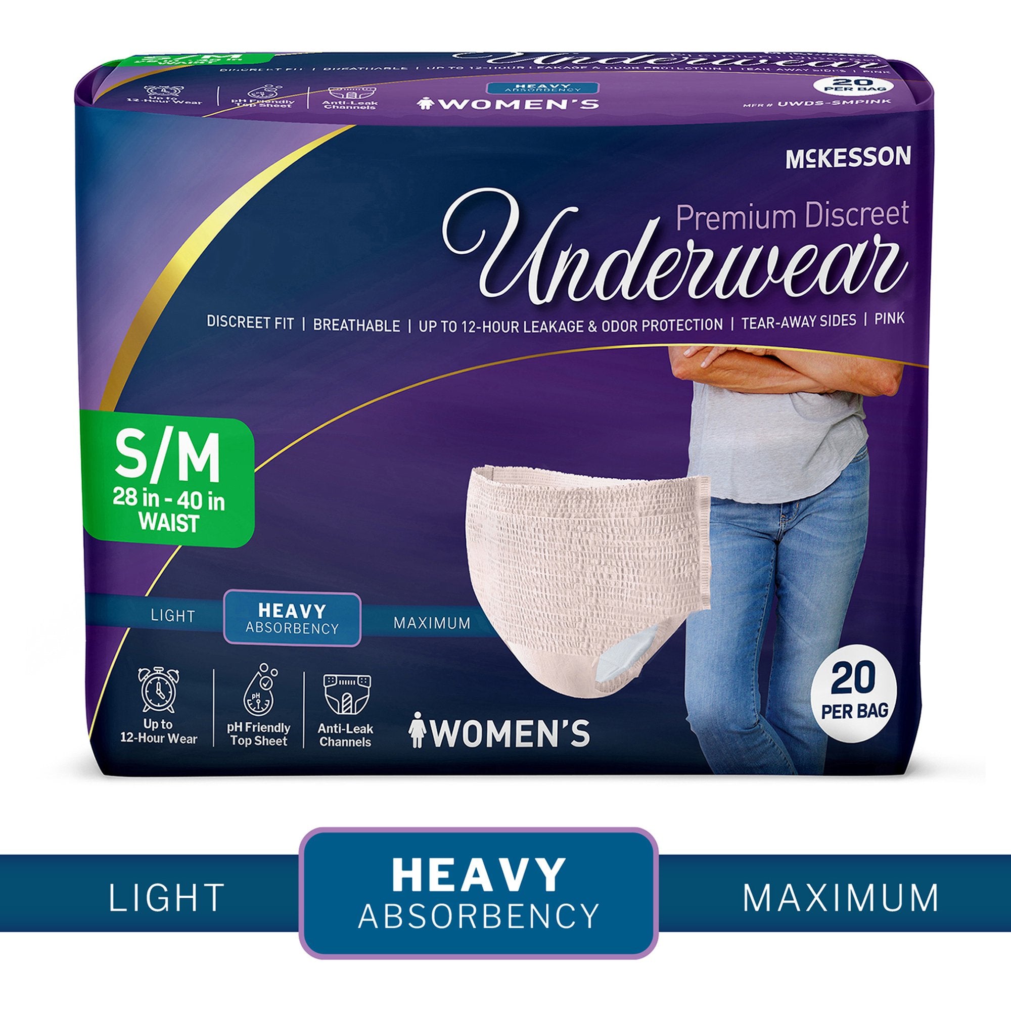Absorbent Underwear McKesson Premium Discreet Heavy Pull On with Tear Away Seams Adult Small / Medium Female Disposable Heavy Absorbency