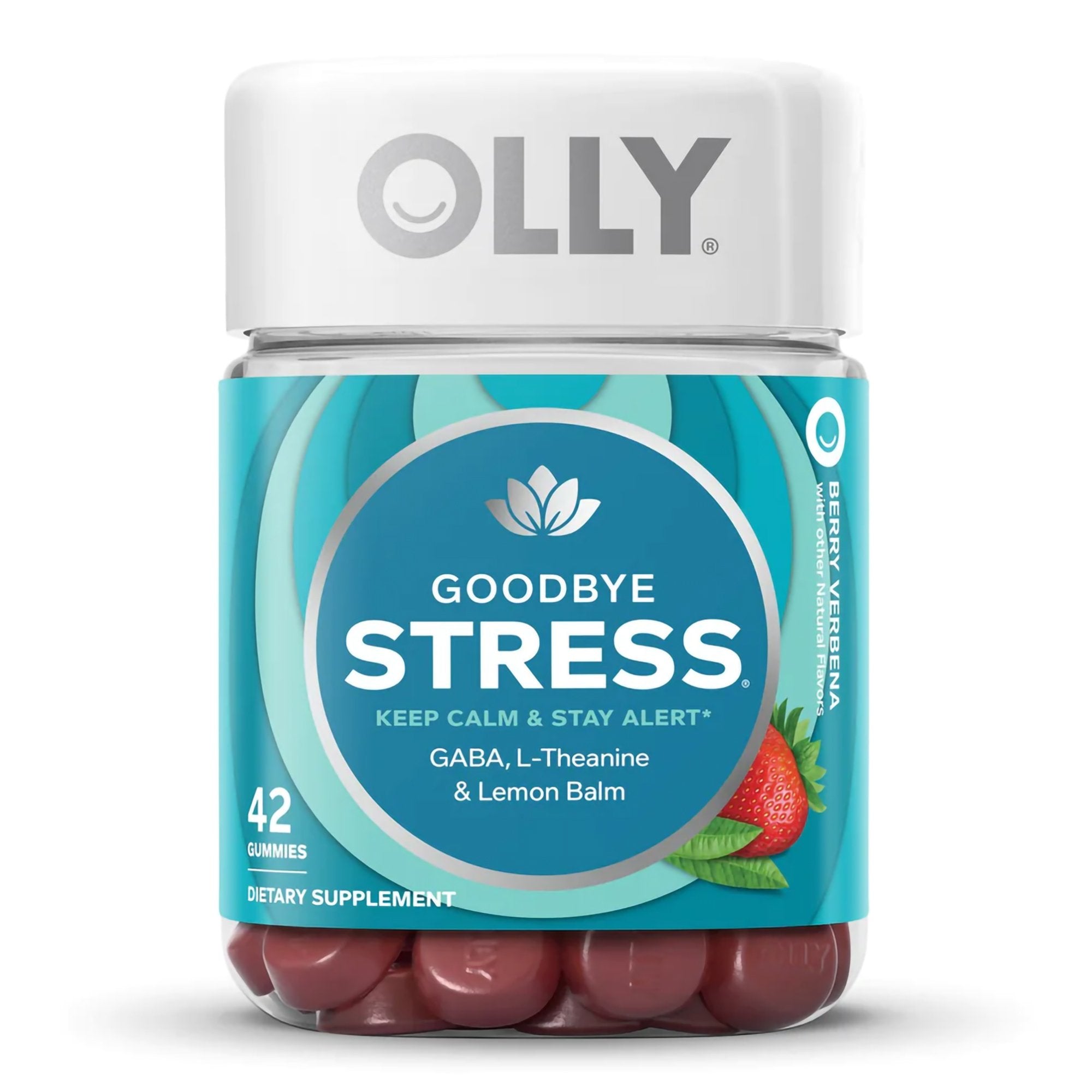 Dietary Supplement OLLY® Goodbye Stress® GABA / L-Theanine / Lemon Balm Extract 100 mg - 50 mg - 75 mg Strength Gummy 42 per Bottle Berry Verbena Flavor