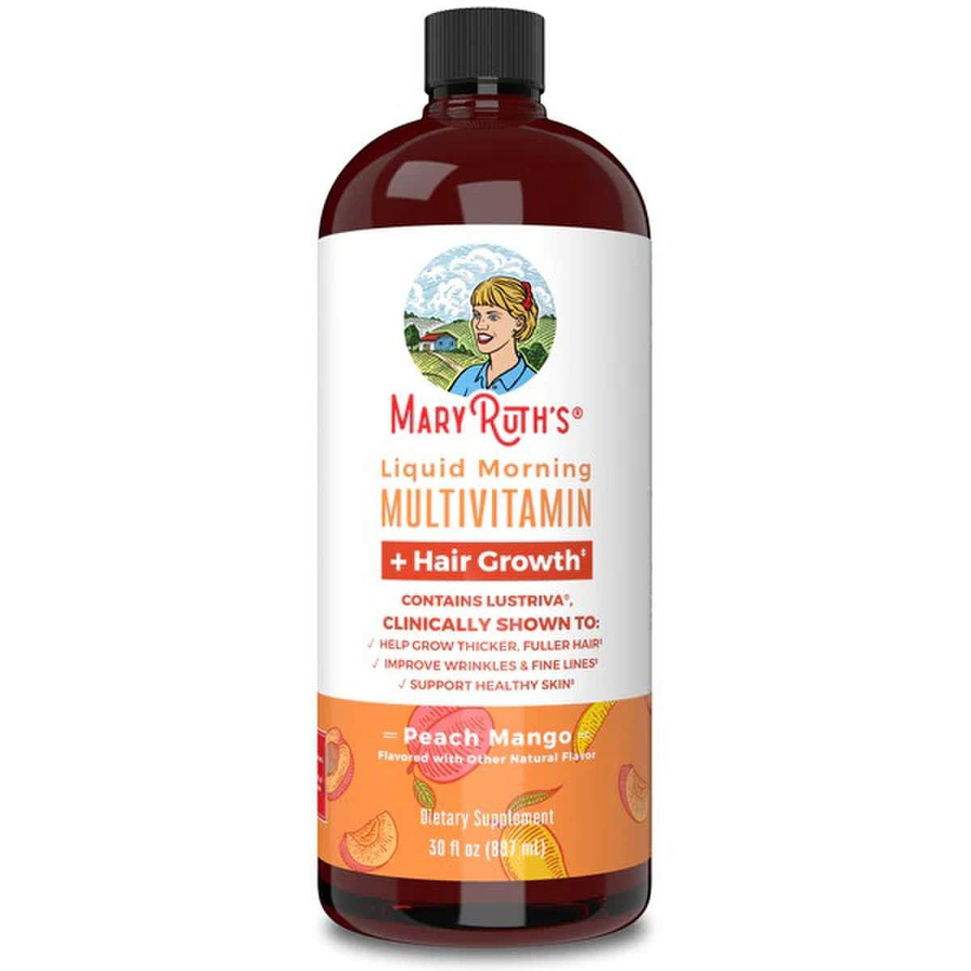Multivitamin Supplement Mary Ruth's® Liquid Morning Multivitamin + Hair Growth Vitamin A / C / D / E 1,010 mcg - 90 mg - 20 mcg - 18 mg Strength Liquid 30 oz. Peach Mango Flavor