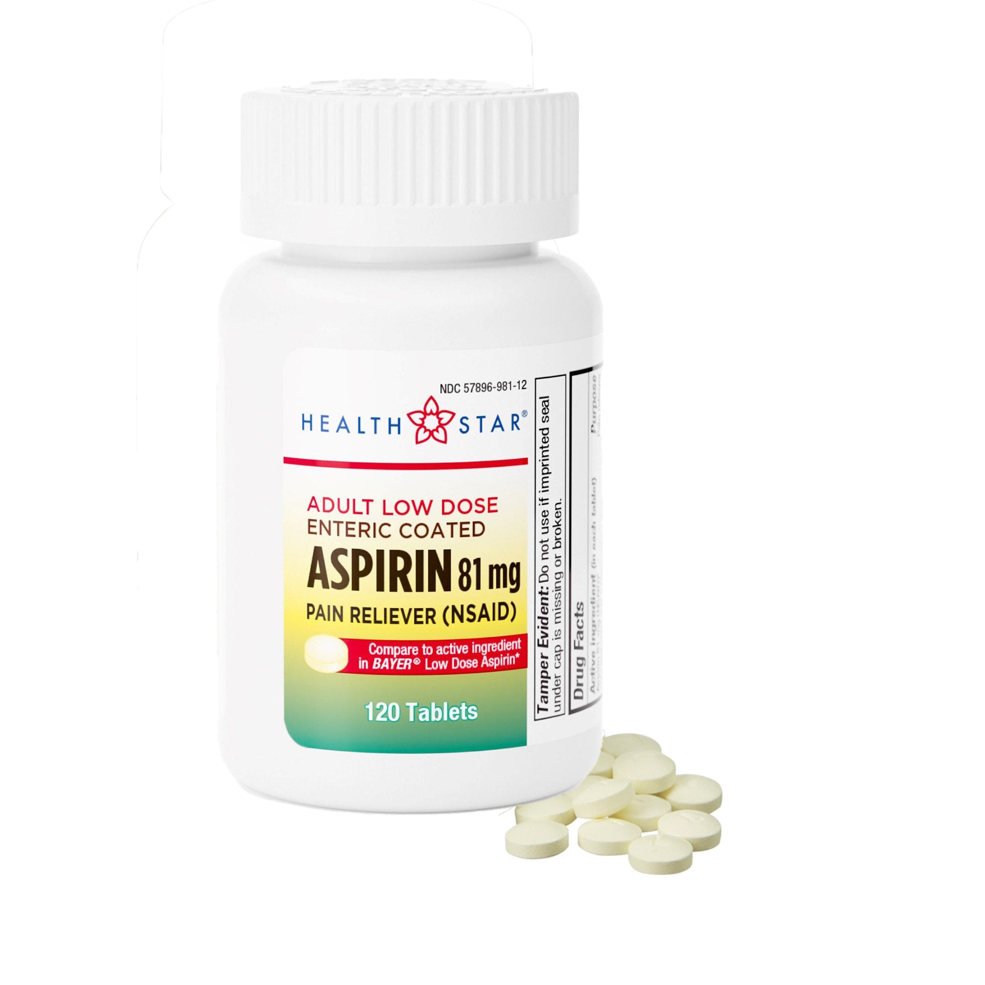 Pain Relief HEALTH STAR® 81 mg Strength Aspirin Tablet 120 per Bottle