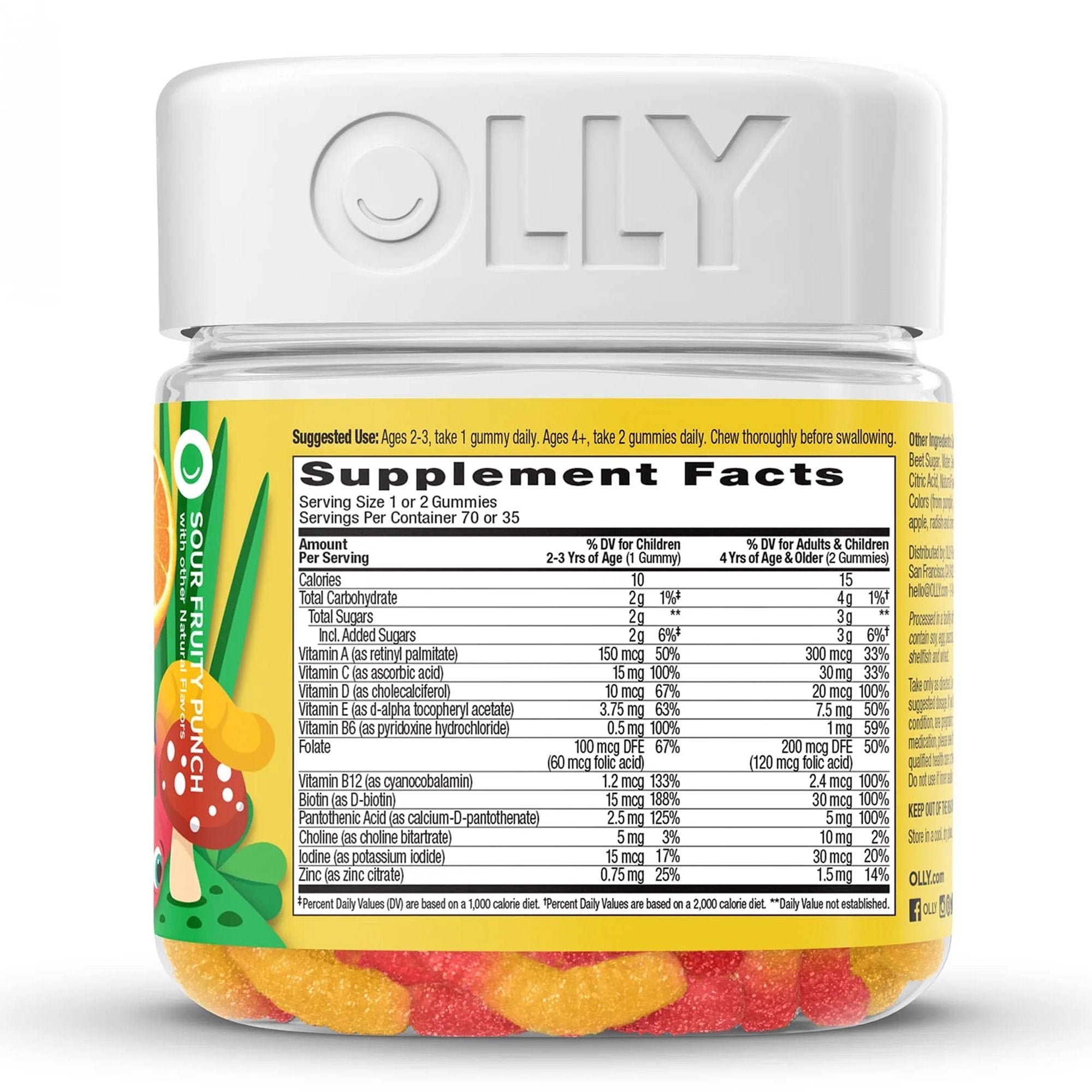 Dietary Supplement OLLY® Kids Multi Gummy Worms Vitamin A / B6 / B12 / C / D / E / Zinc 150 mcg - 0.5 mg - 1.2 mcg - 15 mg - 10 mcg - 3.75 mg - 0.75 mg Strength Gummy 70 per Bottle Sour Fruity Punch Flavor - image 2