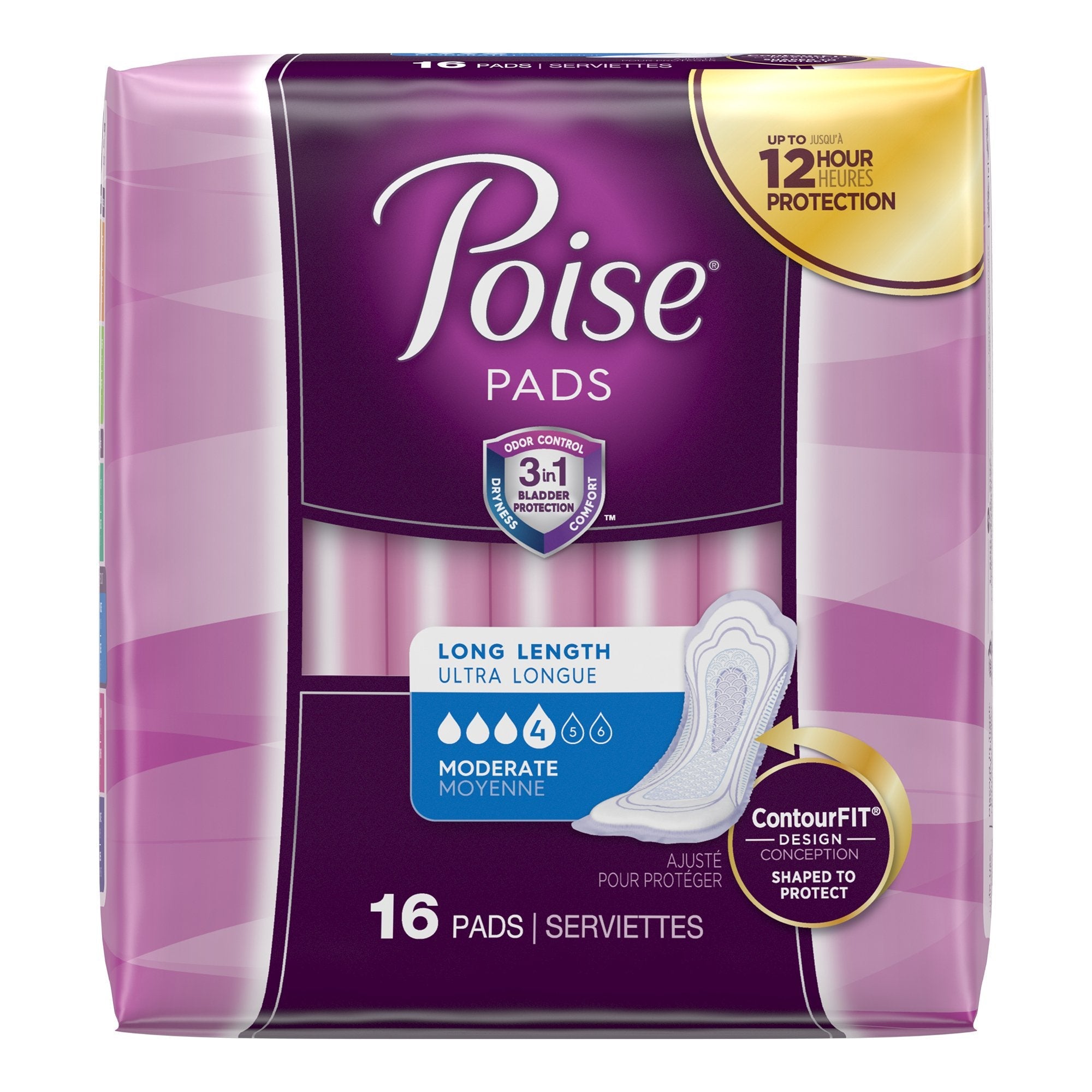 Poise Bladder Control Pads, Adult Women, Moderate Absorbency, Disposable, 12.4" Length (16 Units)