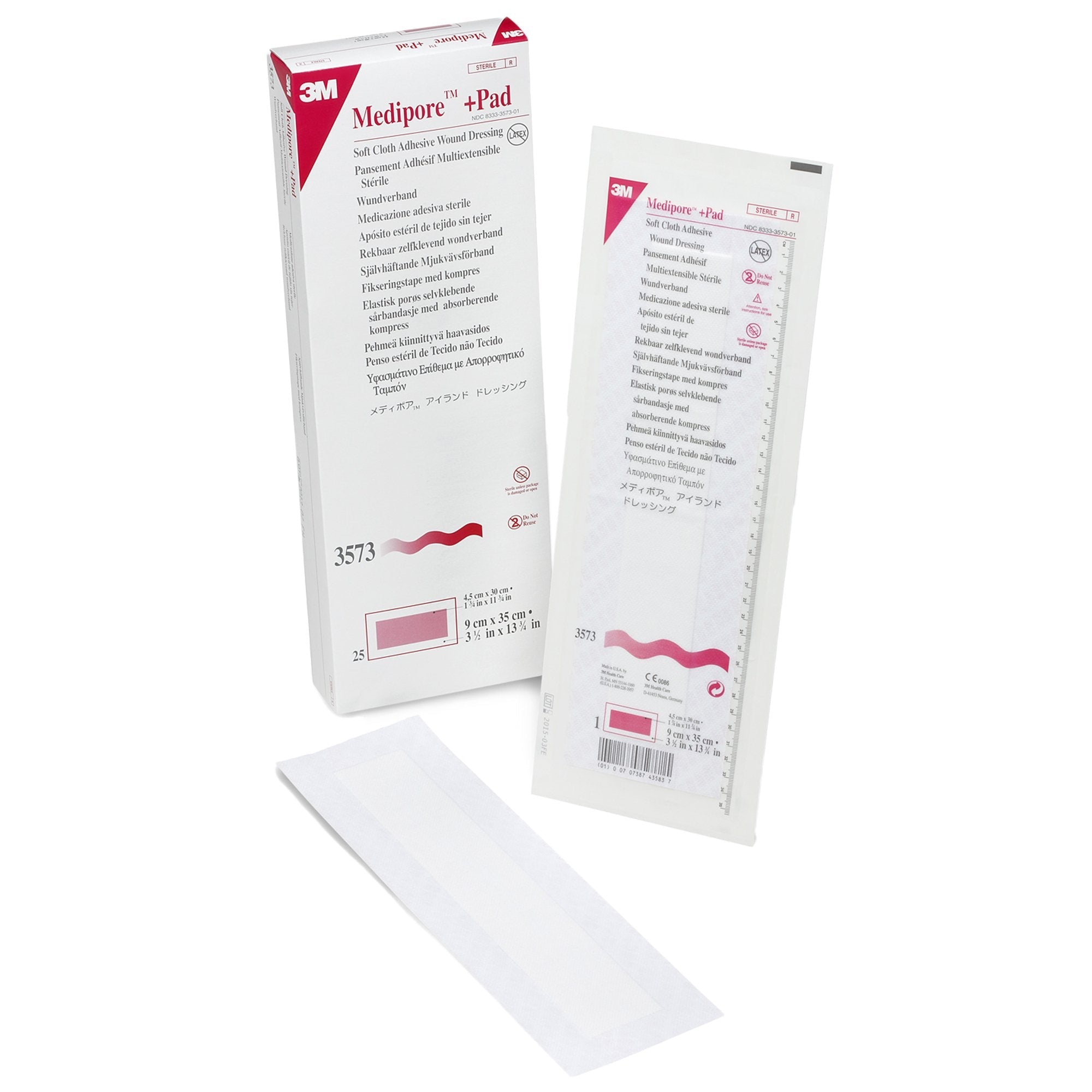 3M™ Medipore™ + Pad Soft Cloth Adhesive Dressing, 3½ x 13¾ Inch (25 Units)