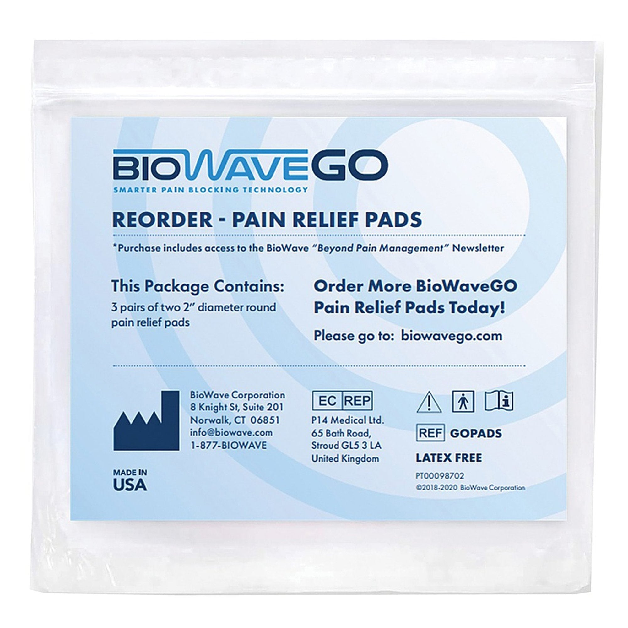 BioWave Electrode Pads for Pain Relief, Reusable - 2" Round (3 Units)