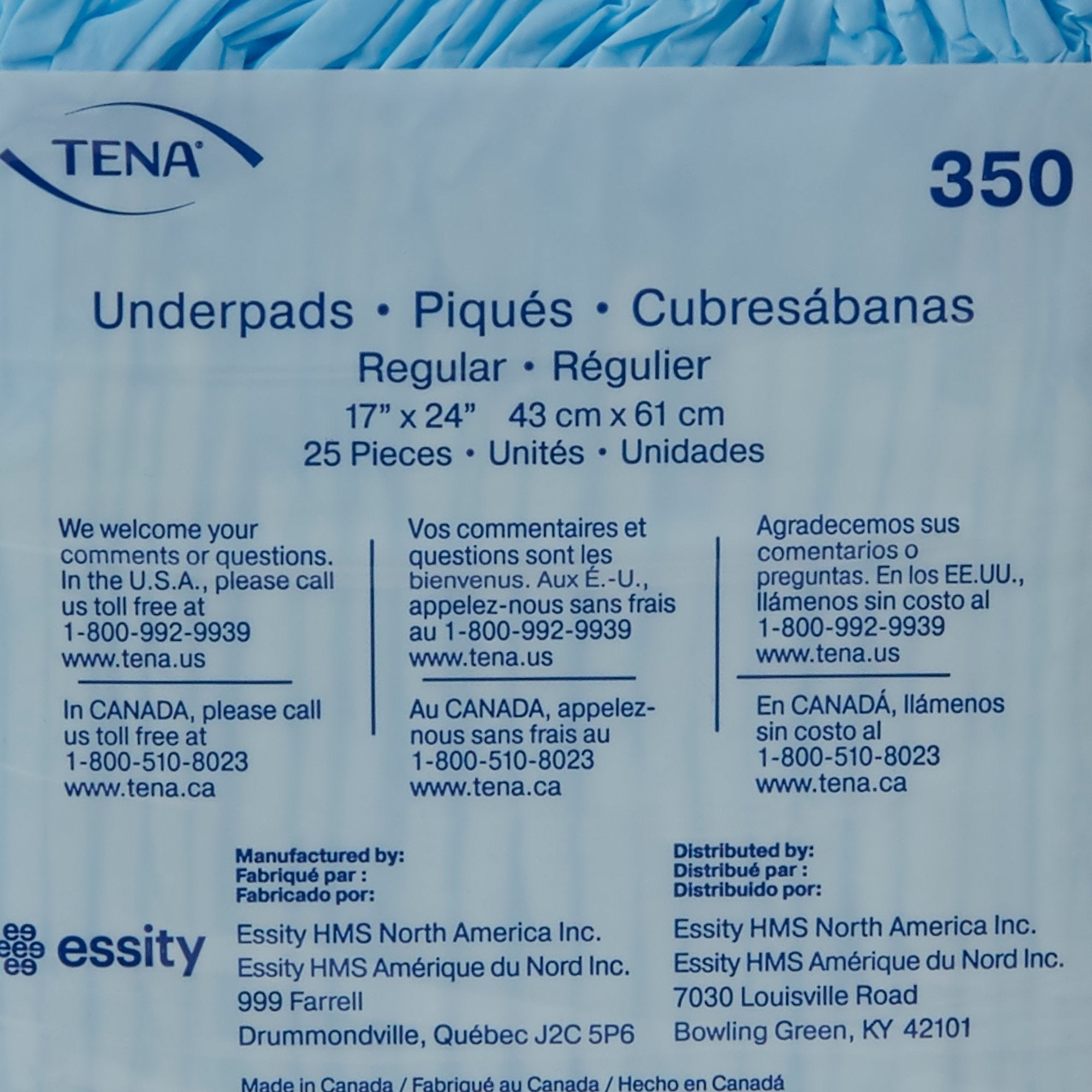 TENA Regular Underpads, Light Absorbency, Blue, Disposable, Latex-Free (1 Unit)