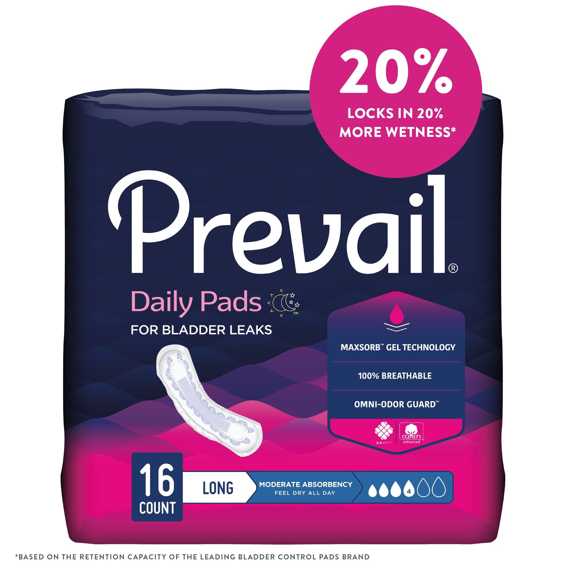 Prevail® Daily Moderate Bladder Control Pads, 11" - Discreet Comfort (16 Pack)