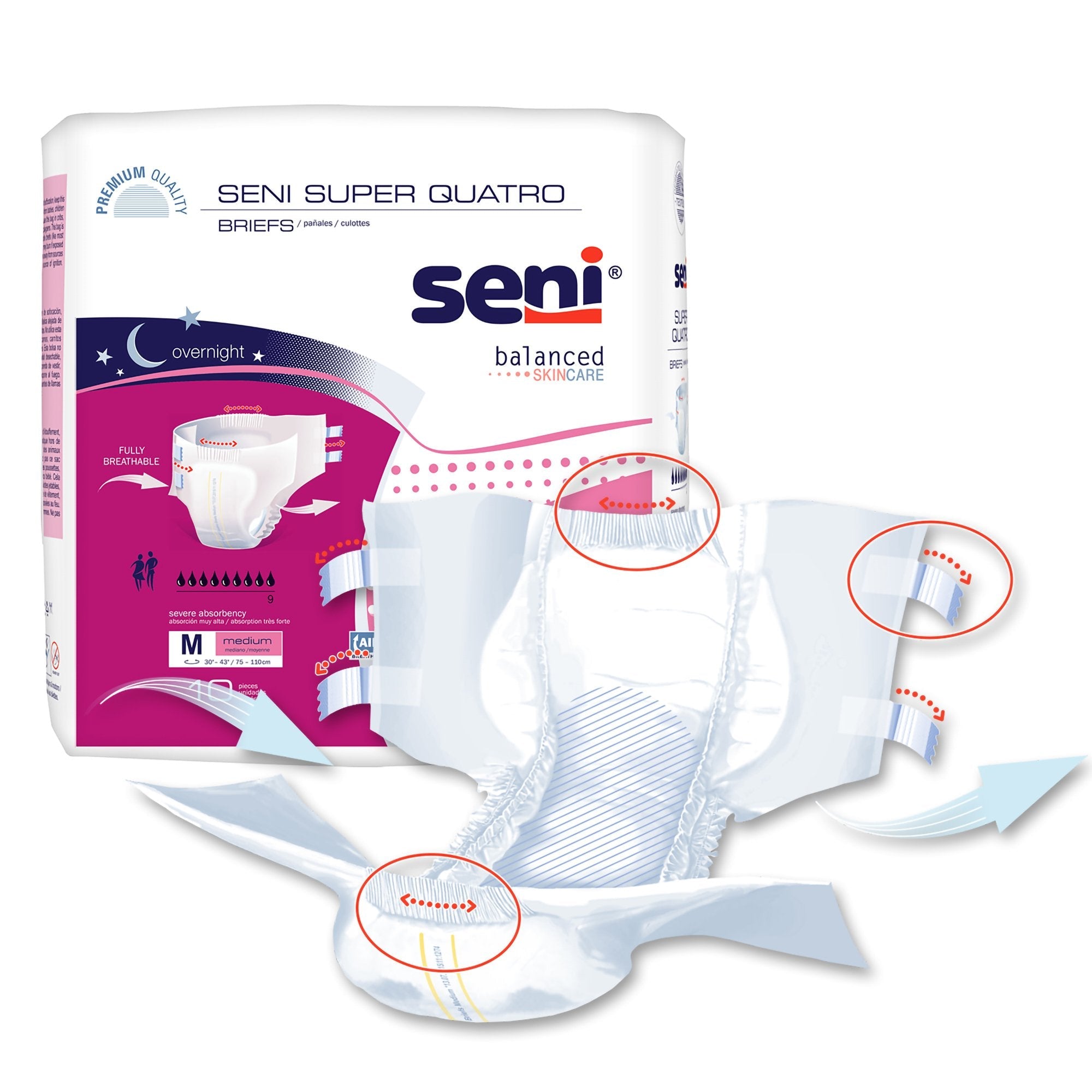 Seni® Super Quatro Severe Absorbency Incontinence Brief, Medium (10 Units)