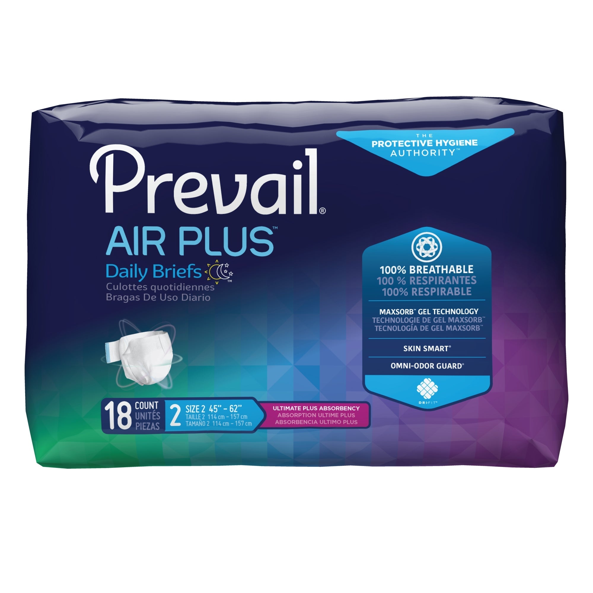Prevail Air Plus Daily Briefs Size 2, 18 Pack - Unisex Incontinence Aid