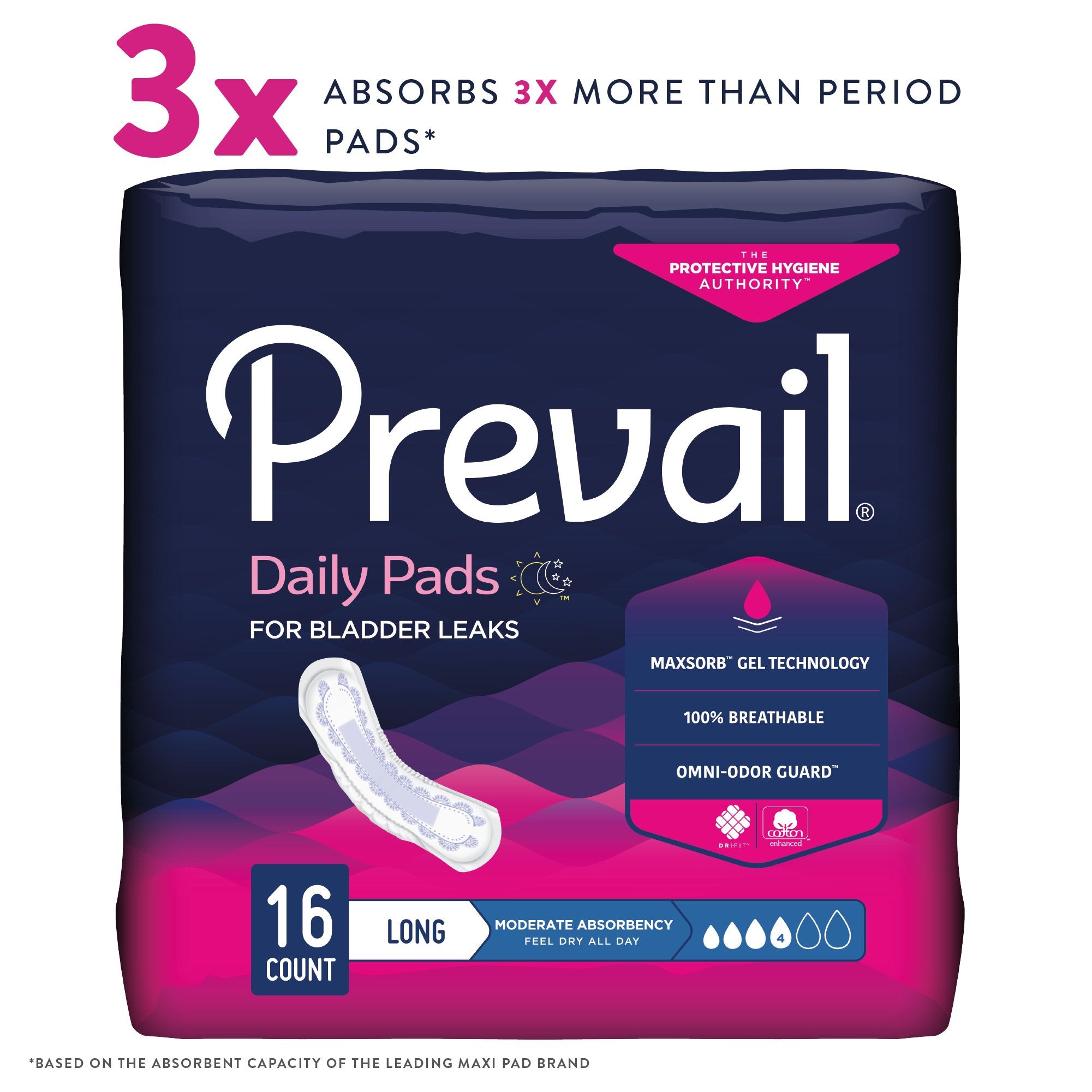 Prevail® Daily Moderate Bladder Control Pads, 11" - Discreet Comfort (16 Pack)