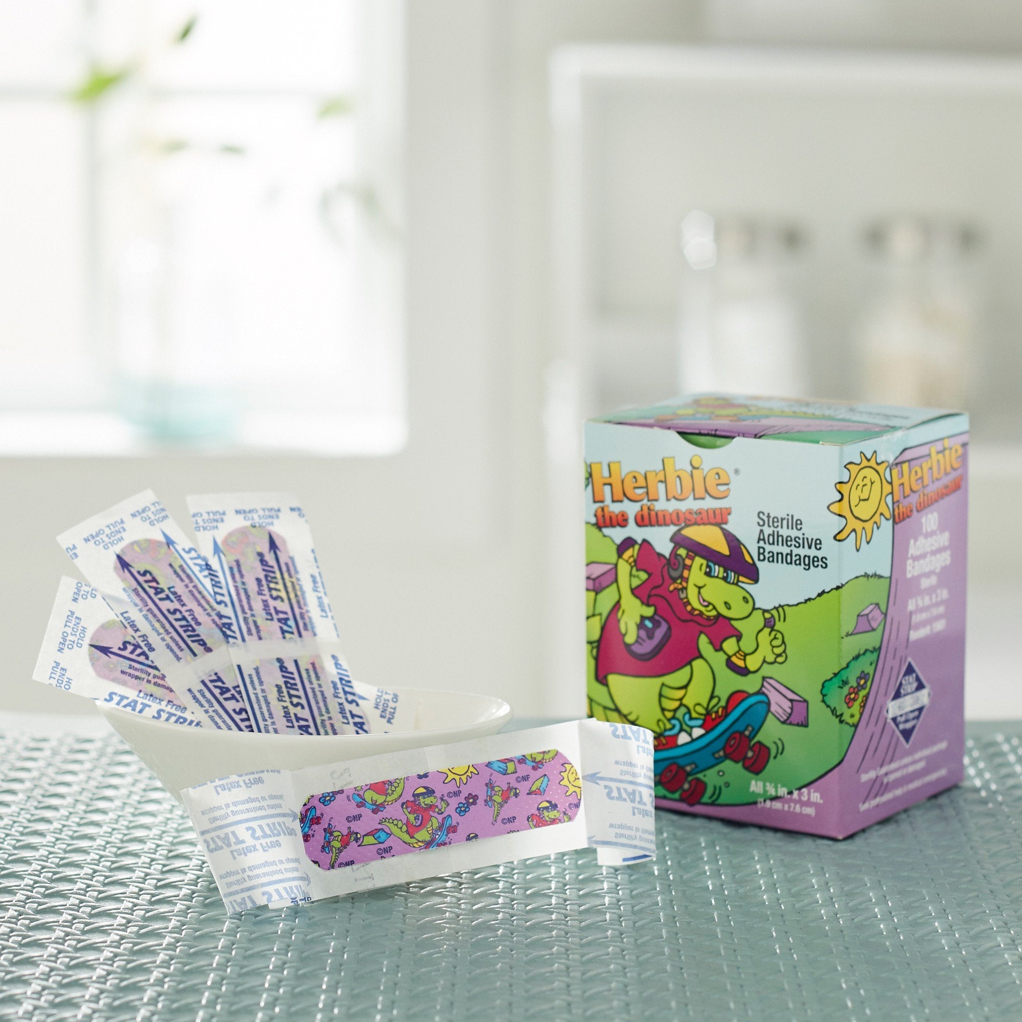 American® White Cross Stat Strip® Kid Design (Herbie the Dinosaur) Adhesive Strip, ¾ x 3 Inch (100 Units)