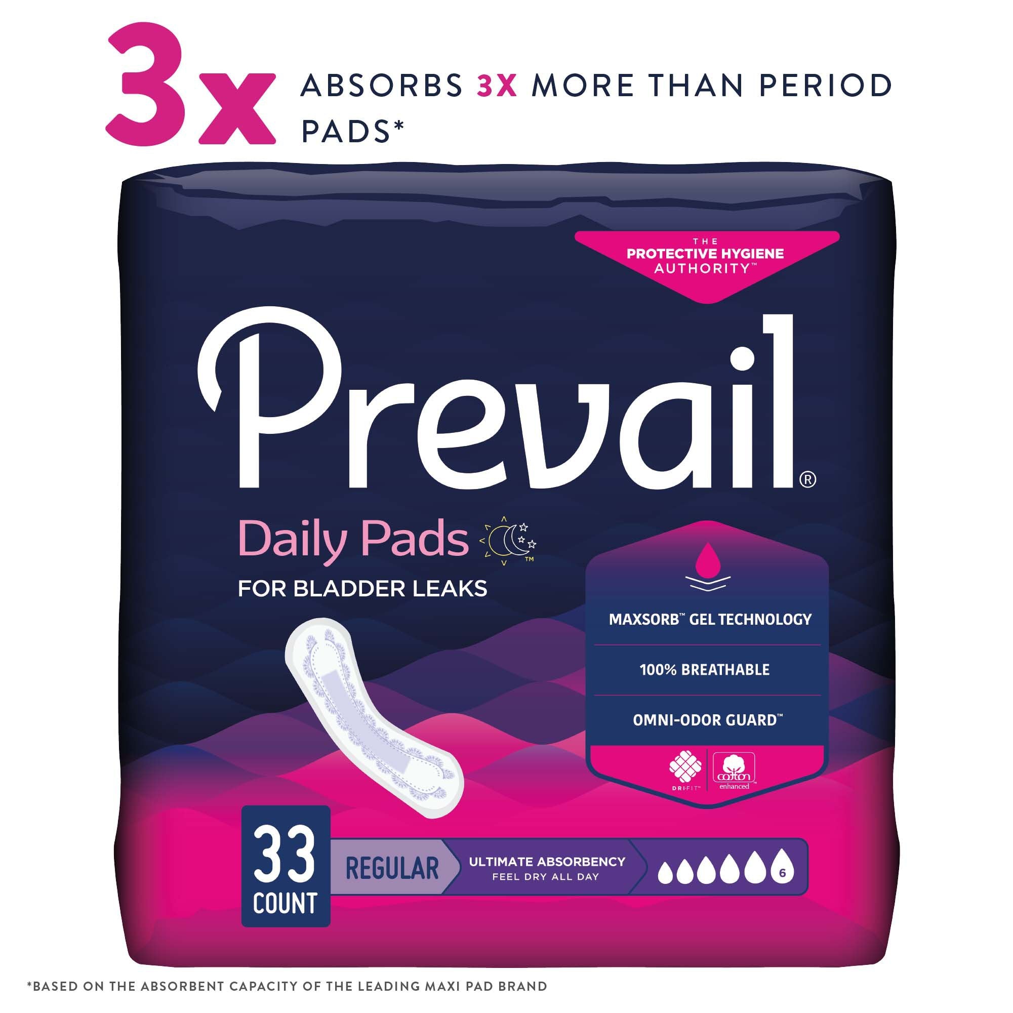 Prevail® Daily Ultimate Bladder Control Pads, 16" Length - 33 Count