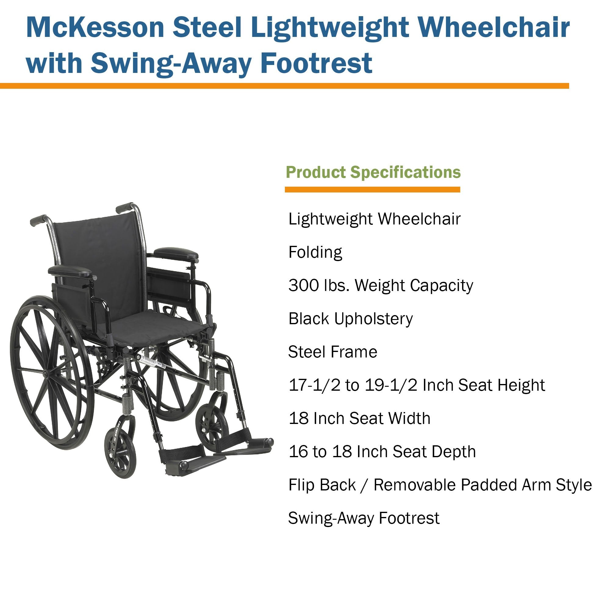 McKesson Manual Lightweight Wheelchair, 18 Inch Seat Width (1 Unit)