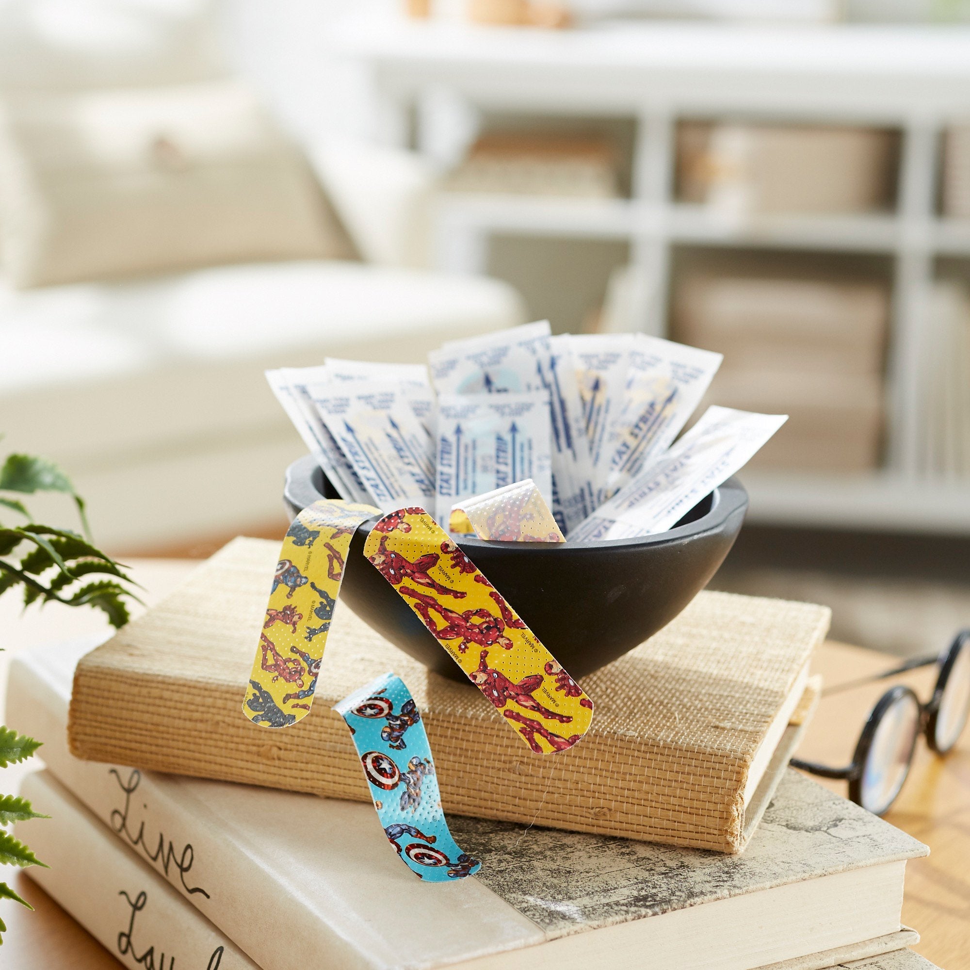 American® White Cross Stat Strip® Kid Design (Black Panther / Captain America / Iron Man) Adhesive Strip, 3/4 x 3 Inch (100 Units)