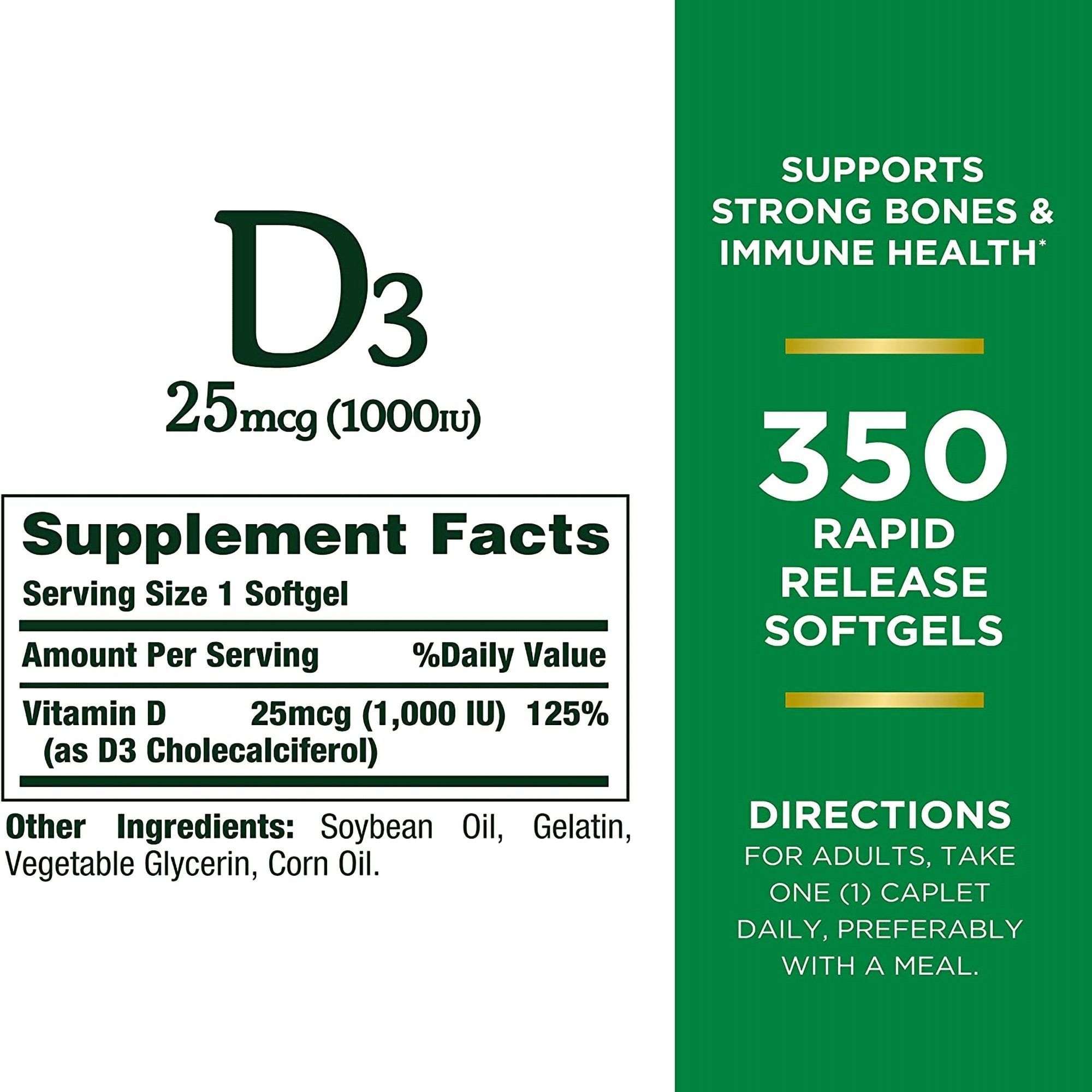 Vitamin Supplement Nature's Bounty® D3 1,000 IU Strength Softgel 350 per Bottle (1 Unit)