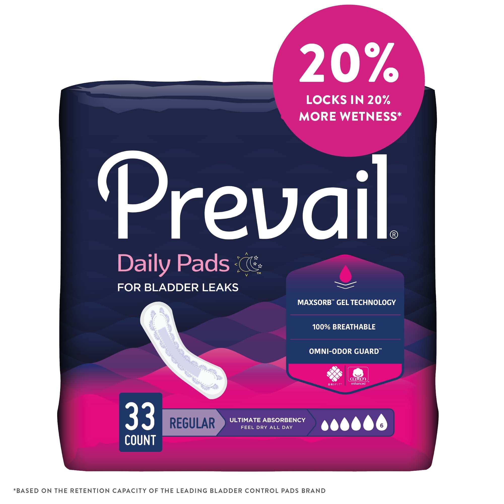 Prevail® Daily Ultimate Bladder Control Pads, 16" Length - 33 Count