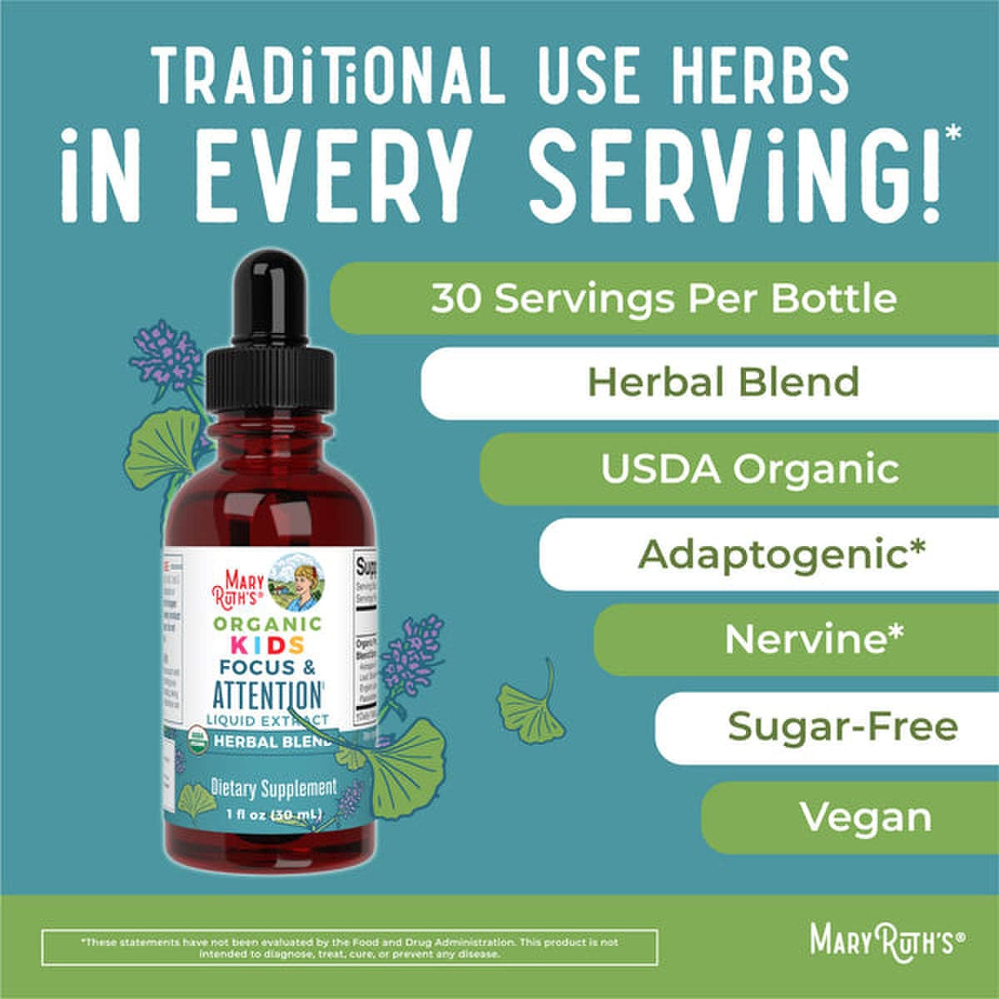 Dietary Supplement Mary Ruth's® Organic Kids Focus & Attention Organic Proprietary Blend 1,180 mg Strength Drop 1 oz. - image 4