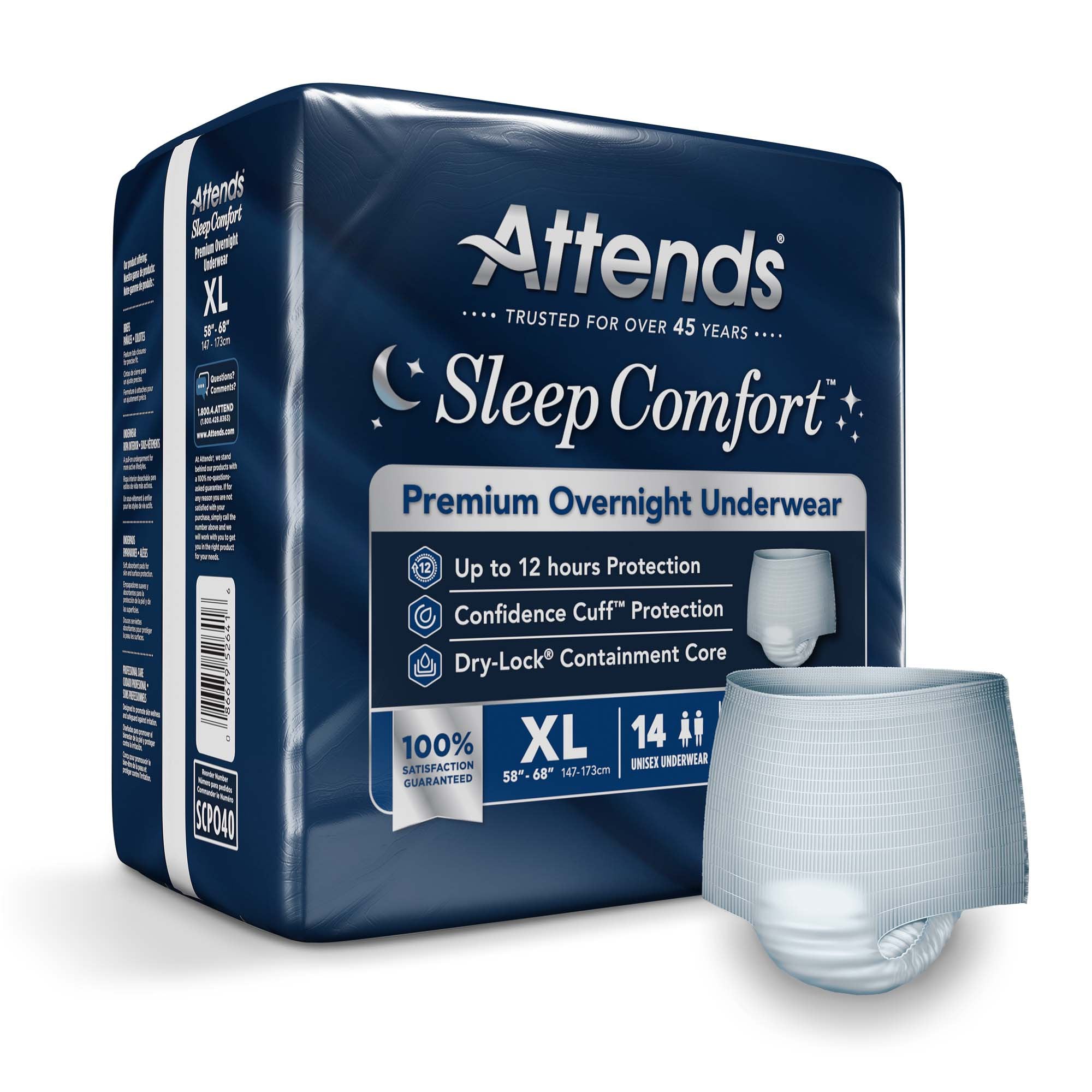 Absorbent Underwear Attends Sleep Comfort Premium Overnight Pull On with Tear Away Seams Adult X-Large Unisex Disposable Heavy Absorbency