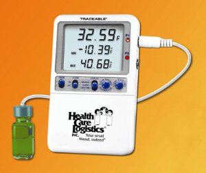 Digital Refrigerator / Freezer Thermometer with Alarm Traceable® Hi-Accuracy Fahrenheit / Celsius -58° to +158°F (-50° to +70°C) Glycol Bottle Probe Door / Wall Mount Battery Operated