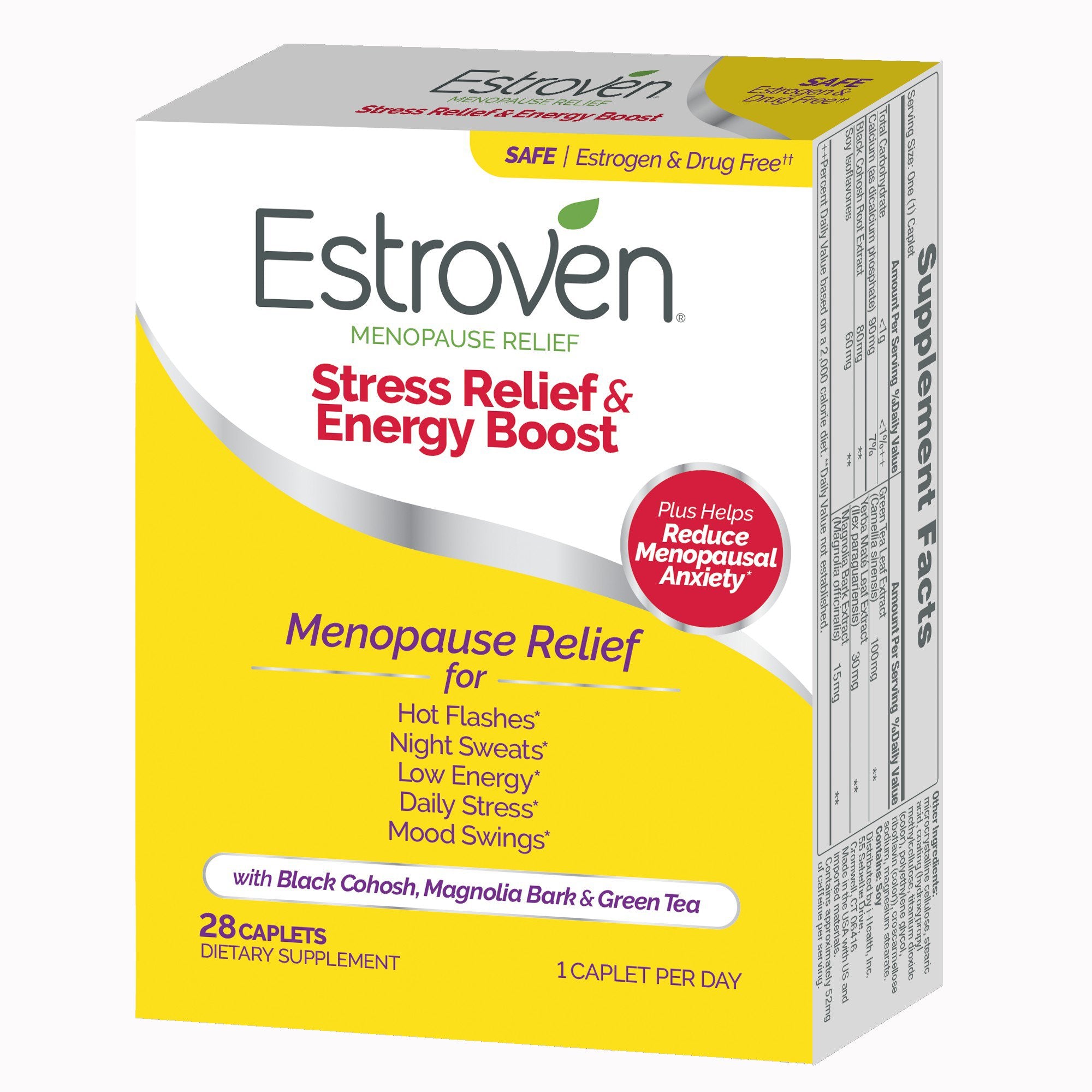 Dietary Supplement Estroven® Stress Relief & Energy Boost Calcium / Black Cohosh Root Extract / Soy Isoflavones 90 mg - 80 mg - 60 mg Strength Caplet 28 per Box - image 2