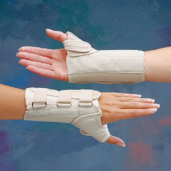 Wrist Brace with Thumb Spica Rolyan® D-Ring™ Original Aluminum / Cotton / Polyester Left Hand Beige Large