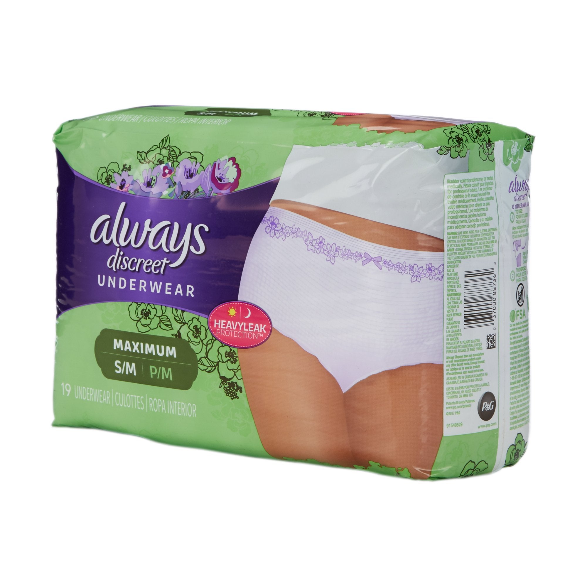 Absorbent Underwear Always® Discreet Pull On with Tear Away Seams Adult Small / Medium Female Disposable Heavy Absorbency