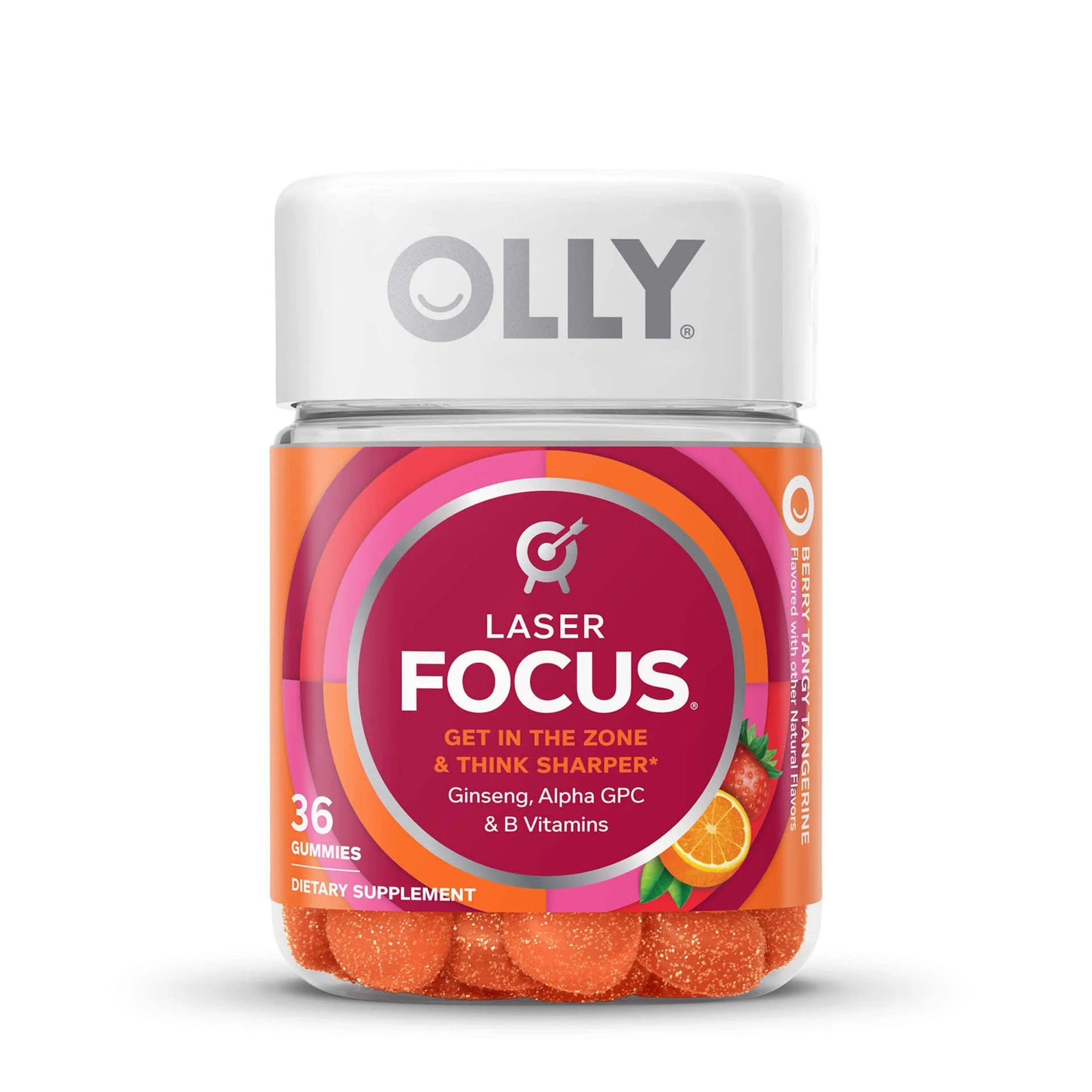 Dietary Supplement OLLY® Laser Focus B6 / B12 / Ginseng / Alpha GPC 2 mg - 50 mcg - 100 mg - 20 mg Strength Gummy 36 per Bottle Berry Tang Flavor