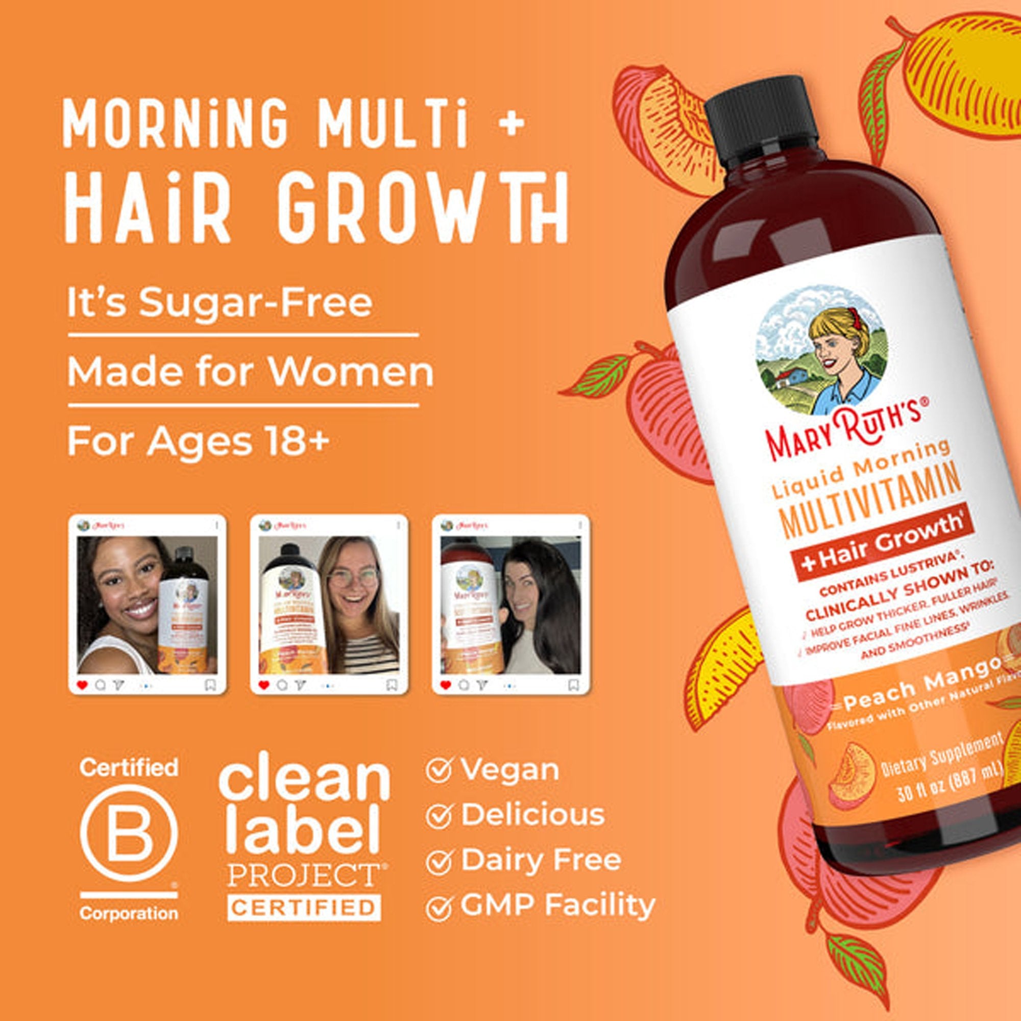 Multivitamin Supplement Mary Ruth's® Liquid Morning Multivitamin + Hair Growth Vitamin A / C / D / E 1,010 mcg - 90 mg - 20 mcg - 18 mg Strength Liquid 30 oz. Peach Mango Flavor - image 7