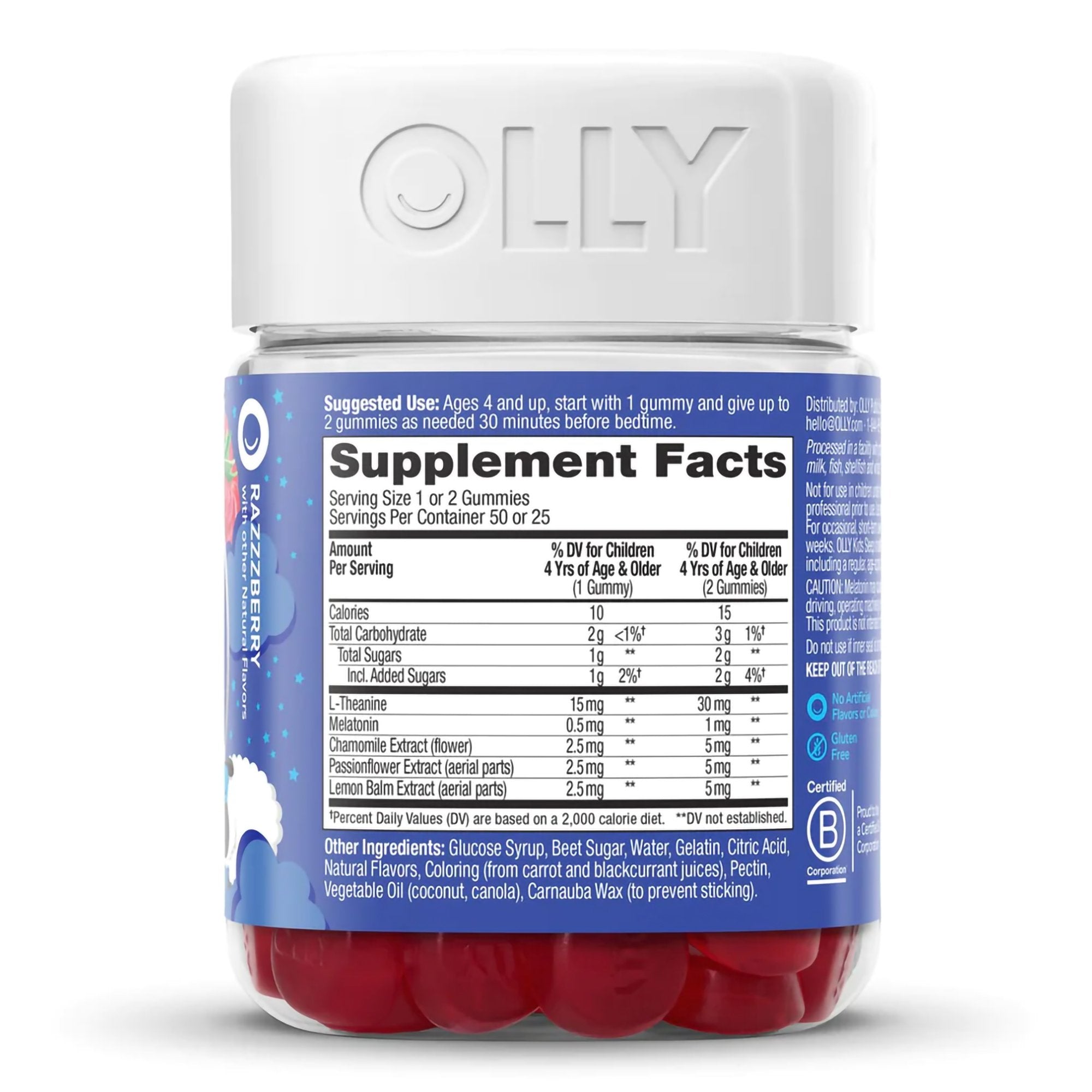 Dietary Supplement OLLY® Kids Sleep L-Theanine / Melatonin / Botanicals 15 mg - 0.5 mg - 2.5 mg Strength Gummy 50 per Bottle Raspberry Flavor - image 2