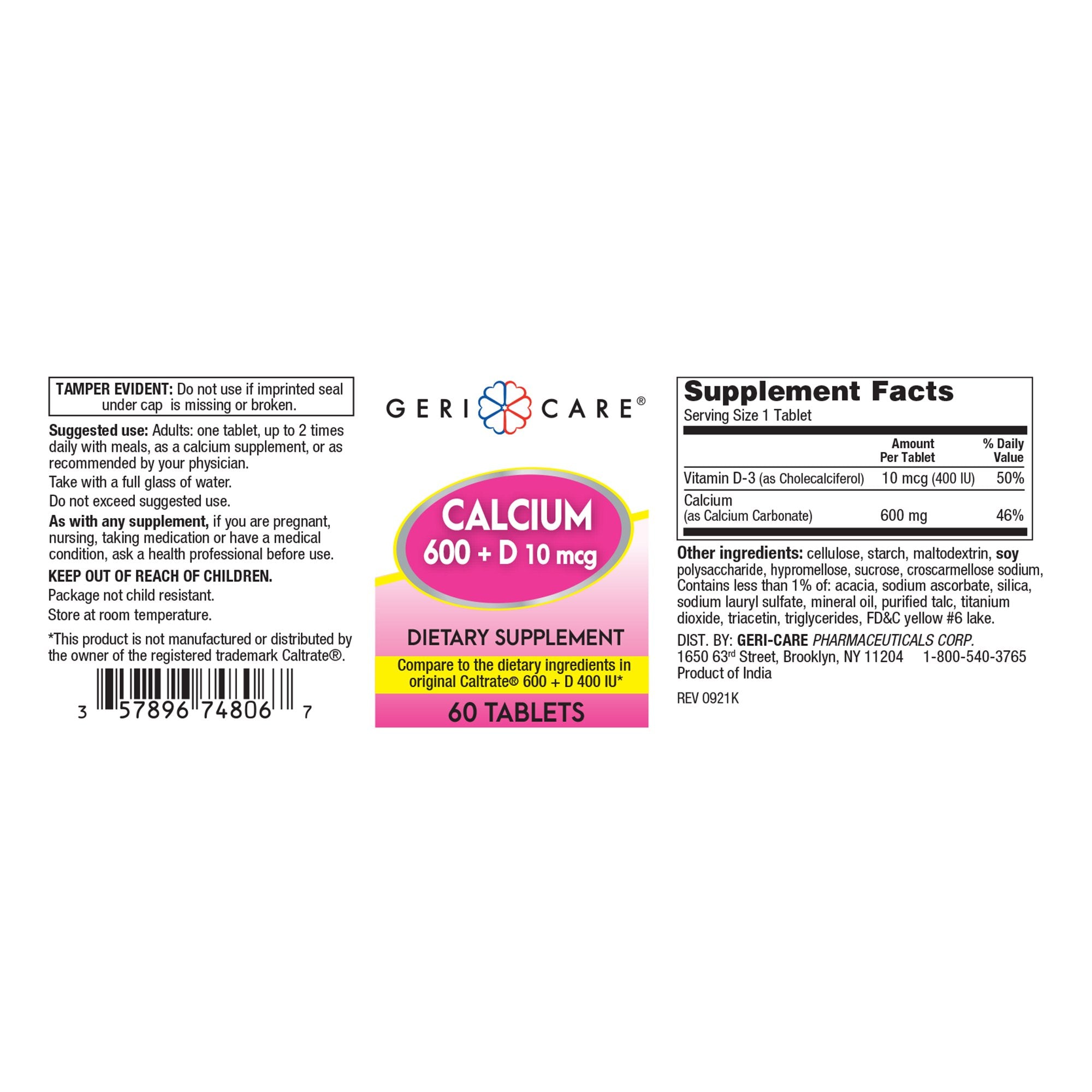 Joint Health Supplement Geri-Care® Calcium / Vitamin D 600 mg - 400 IU Strength Tablet 60 per Bottle - image 2