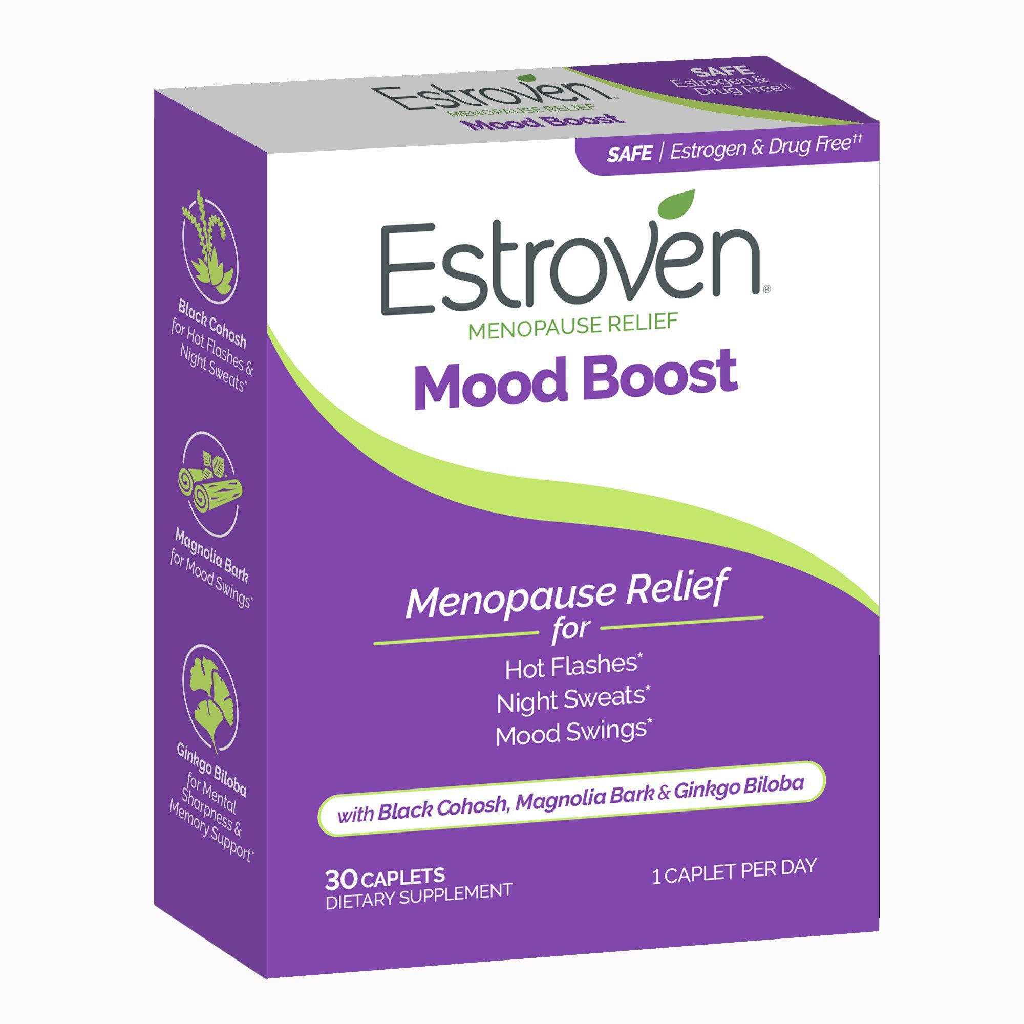 Dietary Supplement Estroven® Mood Boost Black Cohosh / Magnolia Bark / Ginkgo biloba 40 mg - 15 mg - 120 mg Strength Caplet 30 per Box