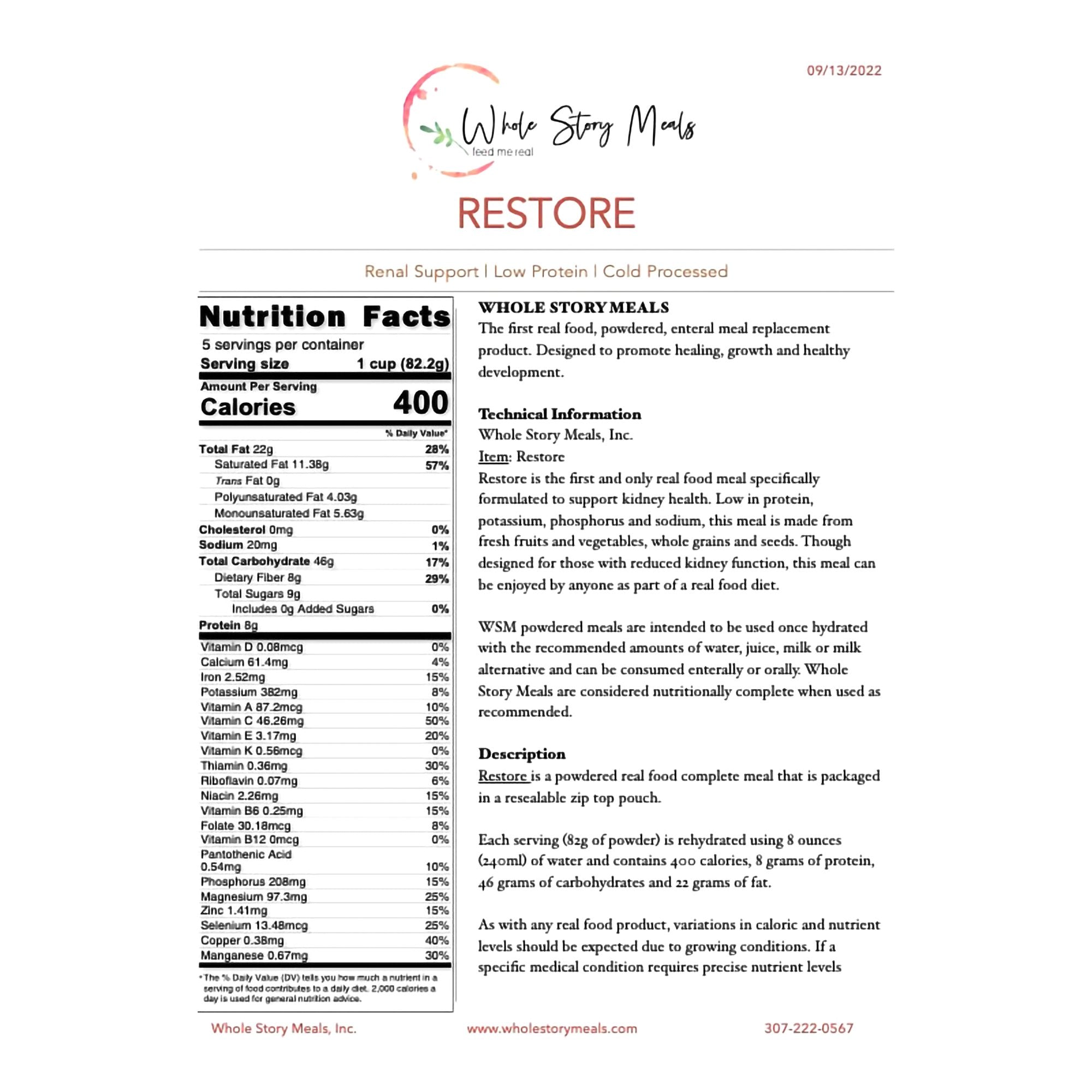Oral Supplement Whole Story Meals Restore Renal Support Powder 16 oz. - image 2