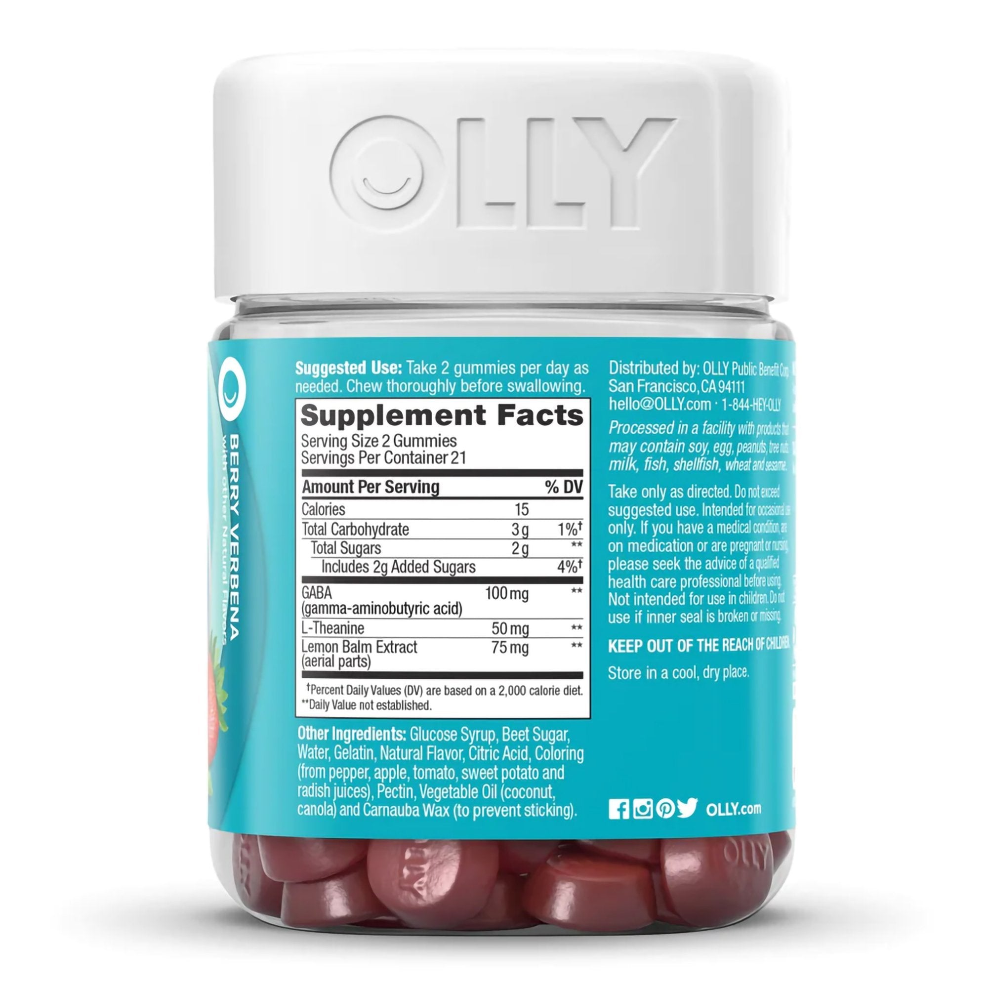 Dietary Supplement OLLY® Goodbye Stress® GABA / L-Theanine / Lemon Balm Extract 100 mg - 50 mg - 75 mg Strength Gummy 42 per Bottle Berry Verbena Flavor - image 2