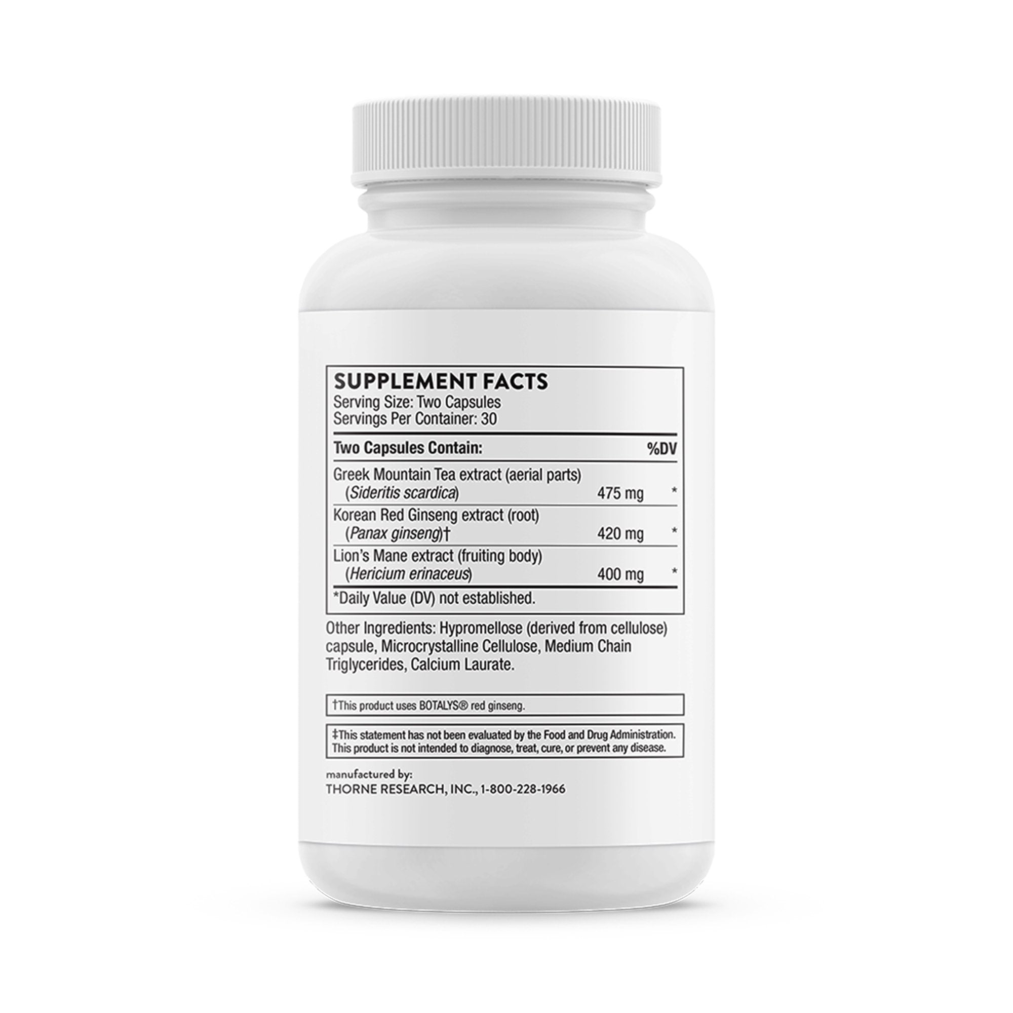 Dietary Supplement THORNE® Greek Mountain Tea extract / Korean Red Ginseng extract / Lion's Mane extract 475 mg - 420 mg - 400 mg Strength Capsule 60 per Bottle - image 2