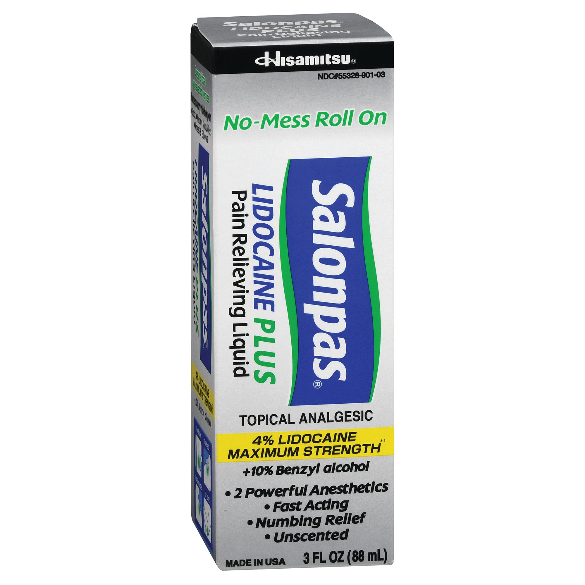 Salonpas Lidocaine 4% Plus Pain Relieving Liquid No-Mess Roll On, 3 ounces