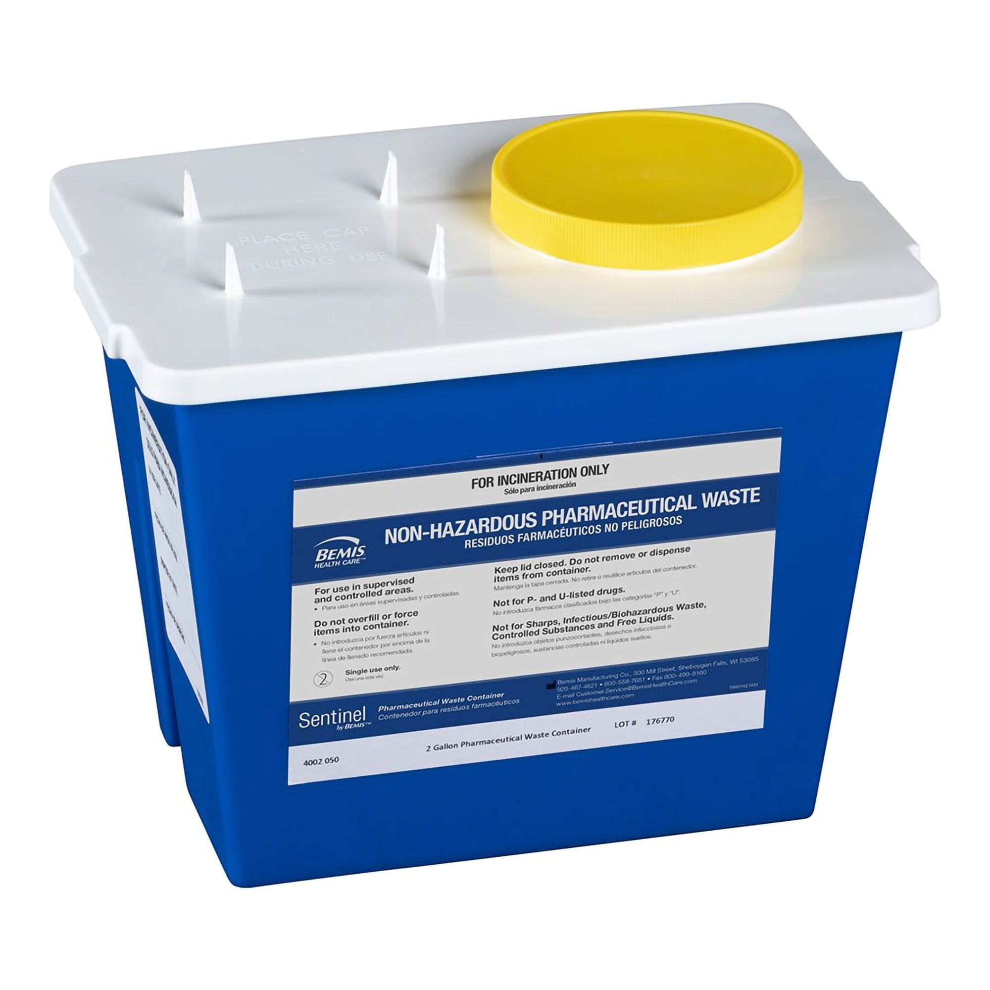Bemis™ Sentinel Pharmaceutical Waste Container, 2 Gallon, 7.75 x 9 x 11.63 Inch