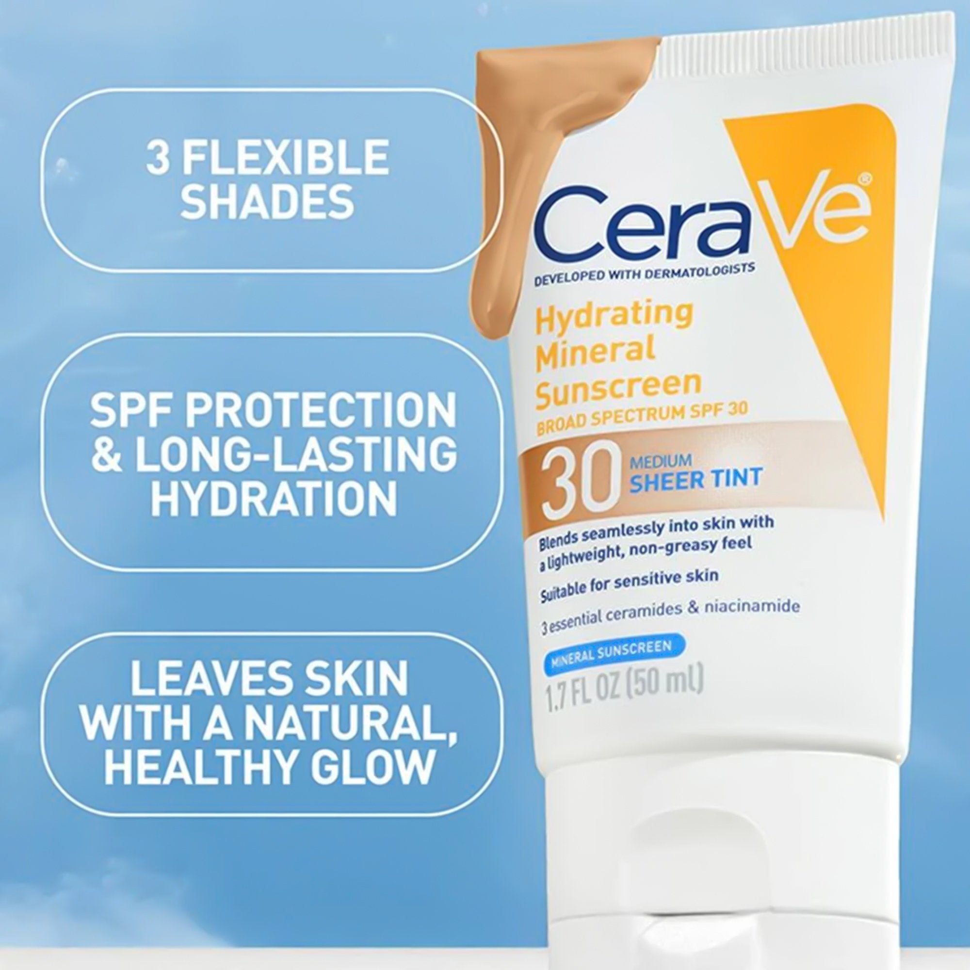 Sunscreen CeraVe® Hydrating Mineral Sunscreen Medium Sheer Tint SPF30 Lotion 1.7 oz. Tube - image 7