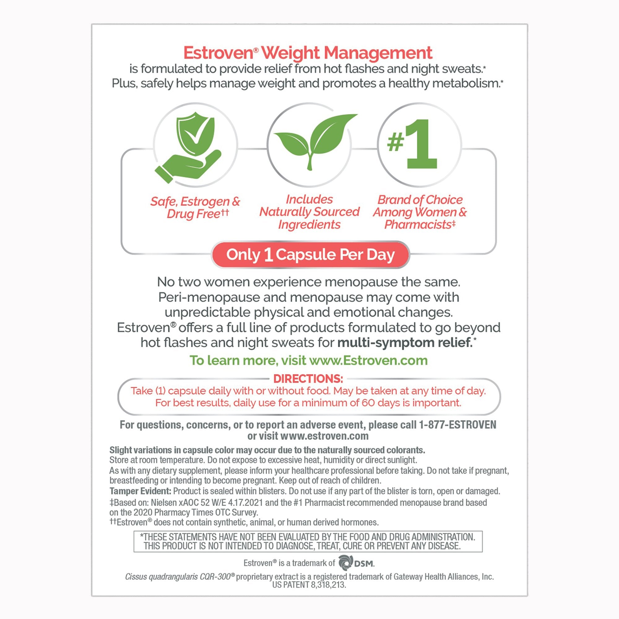 Dietary Supplement Estroven® Menopause Relief Weight Management Black Cohosh Root Extract / Soy Isoflavones / Cissus quadrangularis Steam and Leaf Extract 40 mg - 56 mg - 300 mg Strength Capsule 28 per Box - image 4